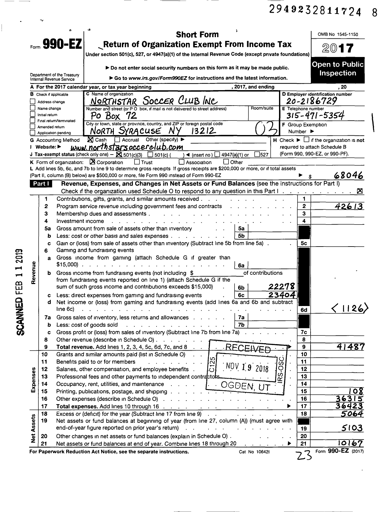 Image of first page of 2017 Form 990EZ for Norstar Soccer Club