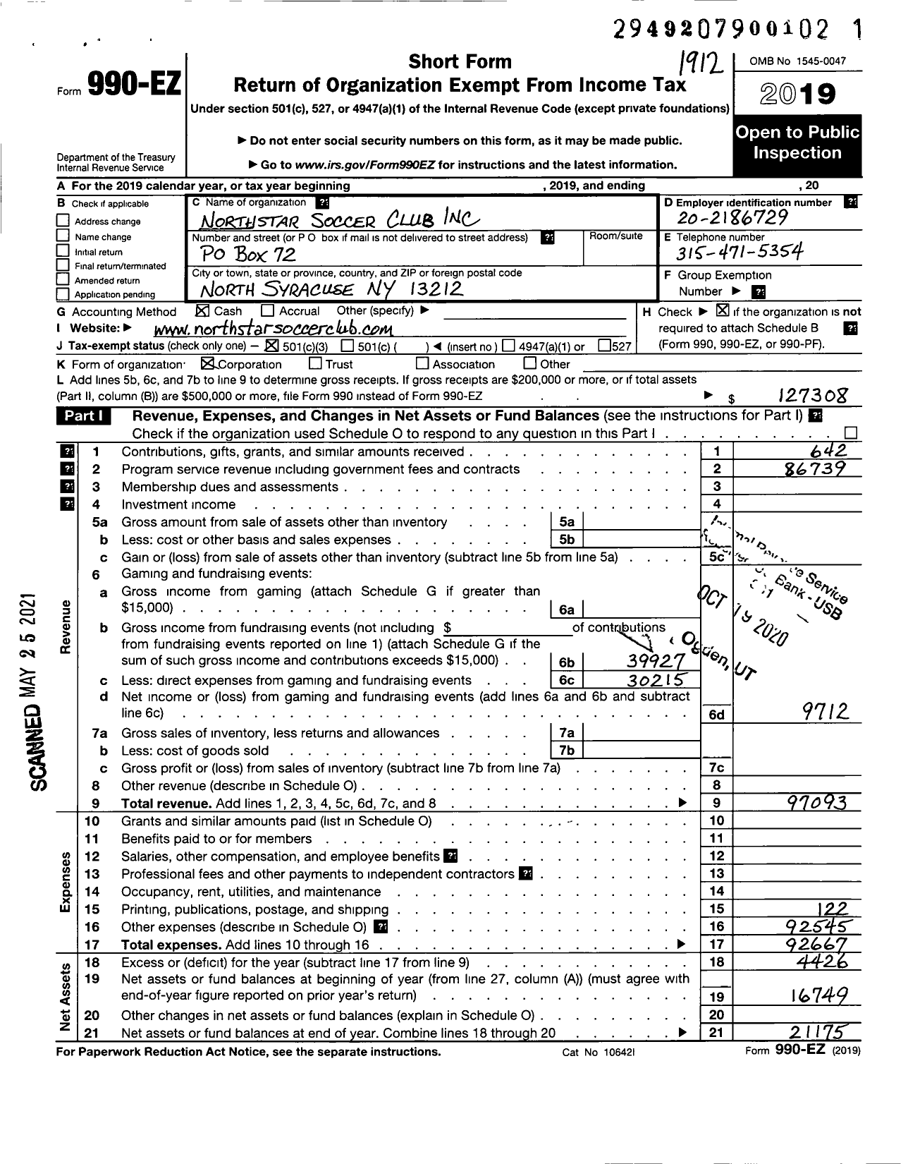 Image of first page of 2019 Form 990EZ for Norstar Soccer Club