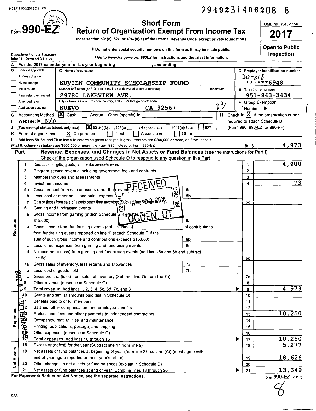 Image of first page of 2017 Form 990EZ for Nuview Community Scholarship Found