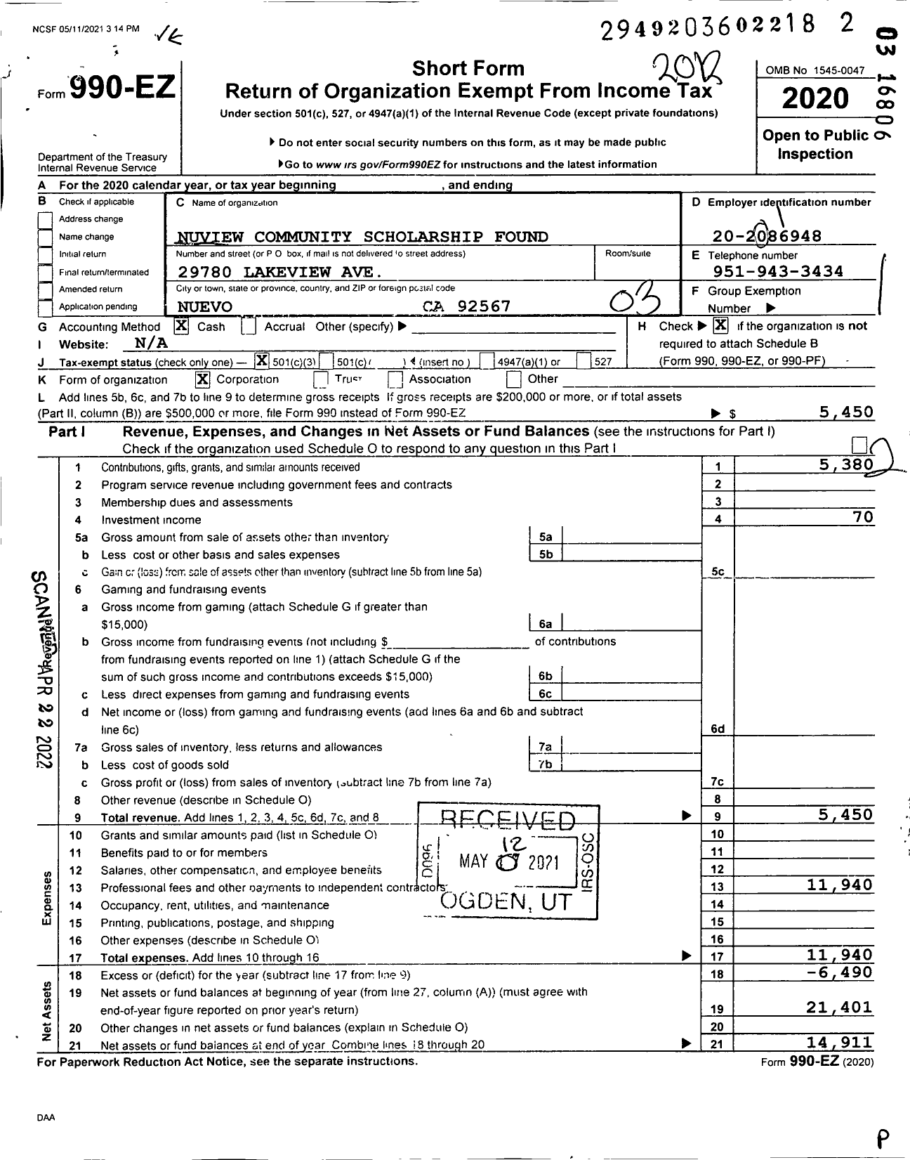 Image of first page of 2020 Form 990EZ for Nuview Community Scholarship Found