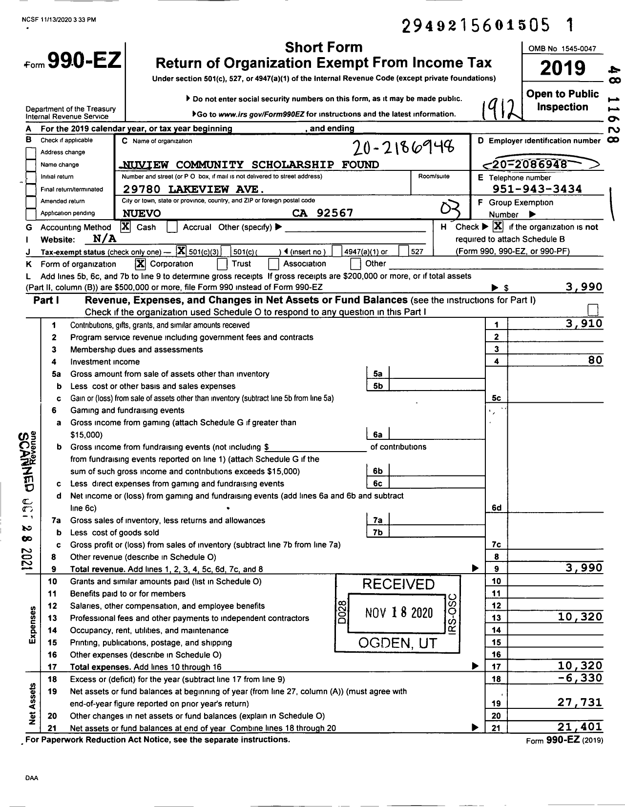 Image of first page of 2019 Form 990EZ for Nuview Community Scholarship Found