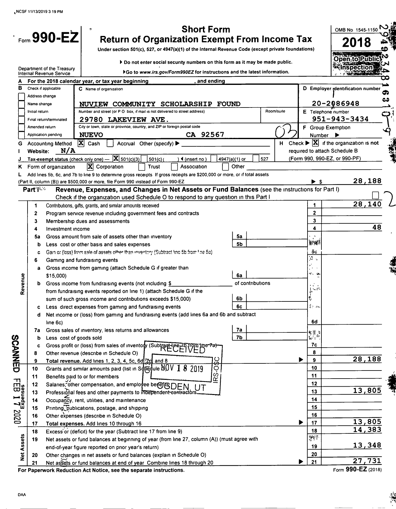 Image of first page of 2018 Form 990EZ for Nuview Community Scholarship Found