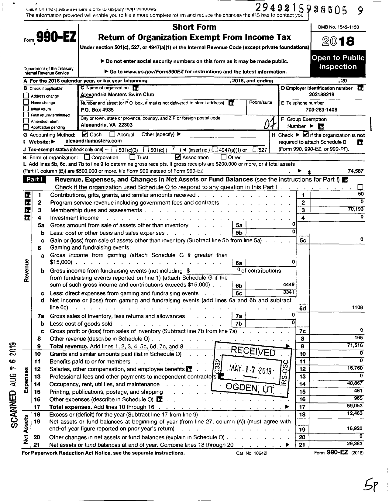 Image of first page of 2018 Form 990EO for Alexandria Masters Swimming