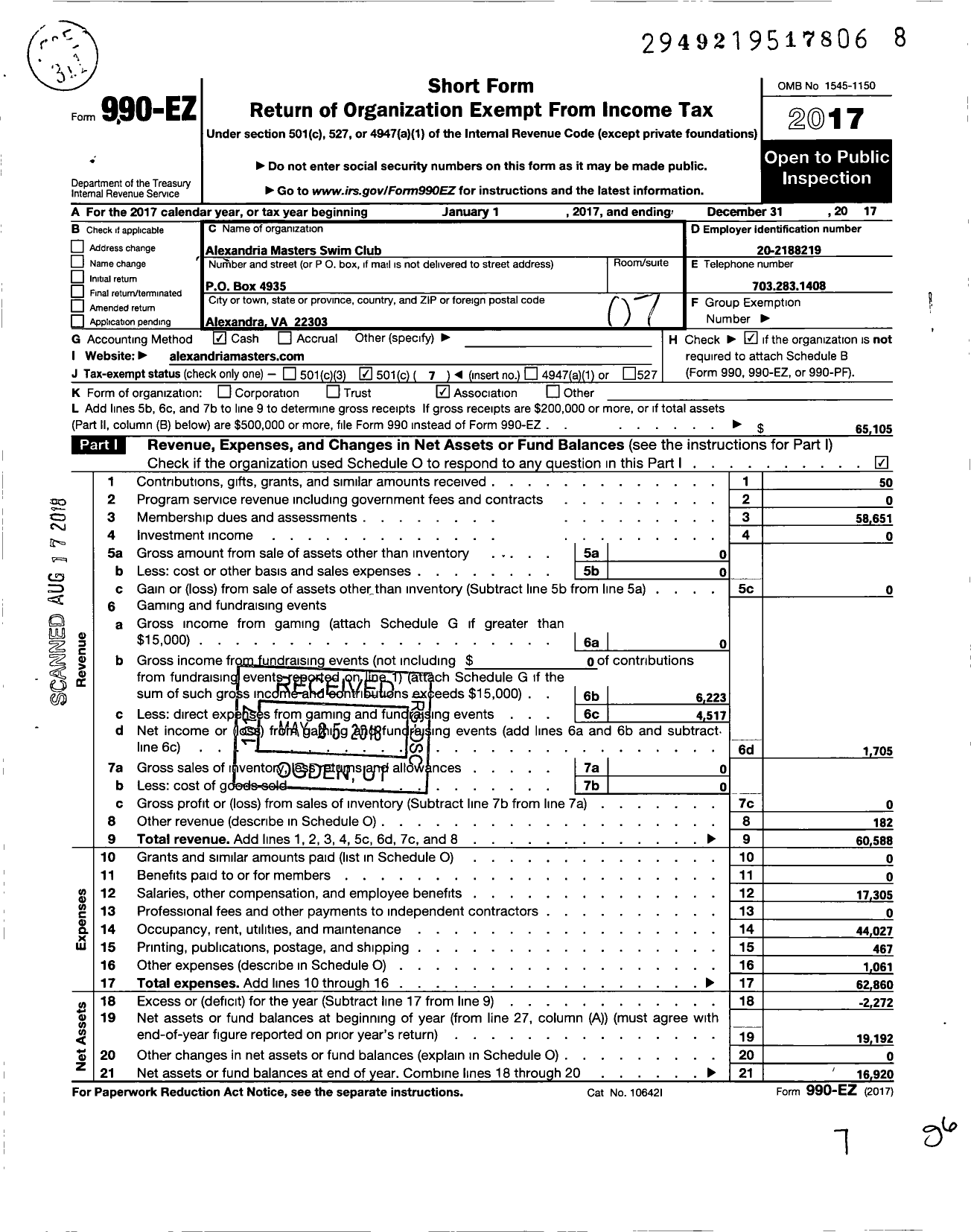 Image of first page of 2017 Form 990EO for Alexandria Masters Swimming