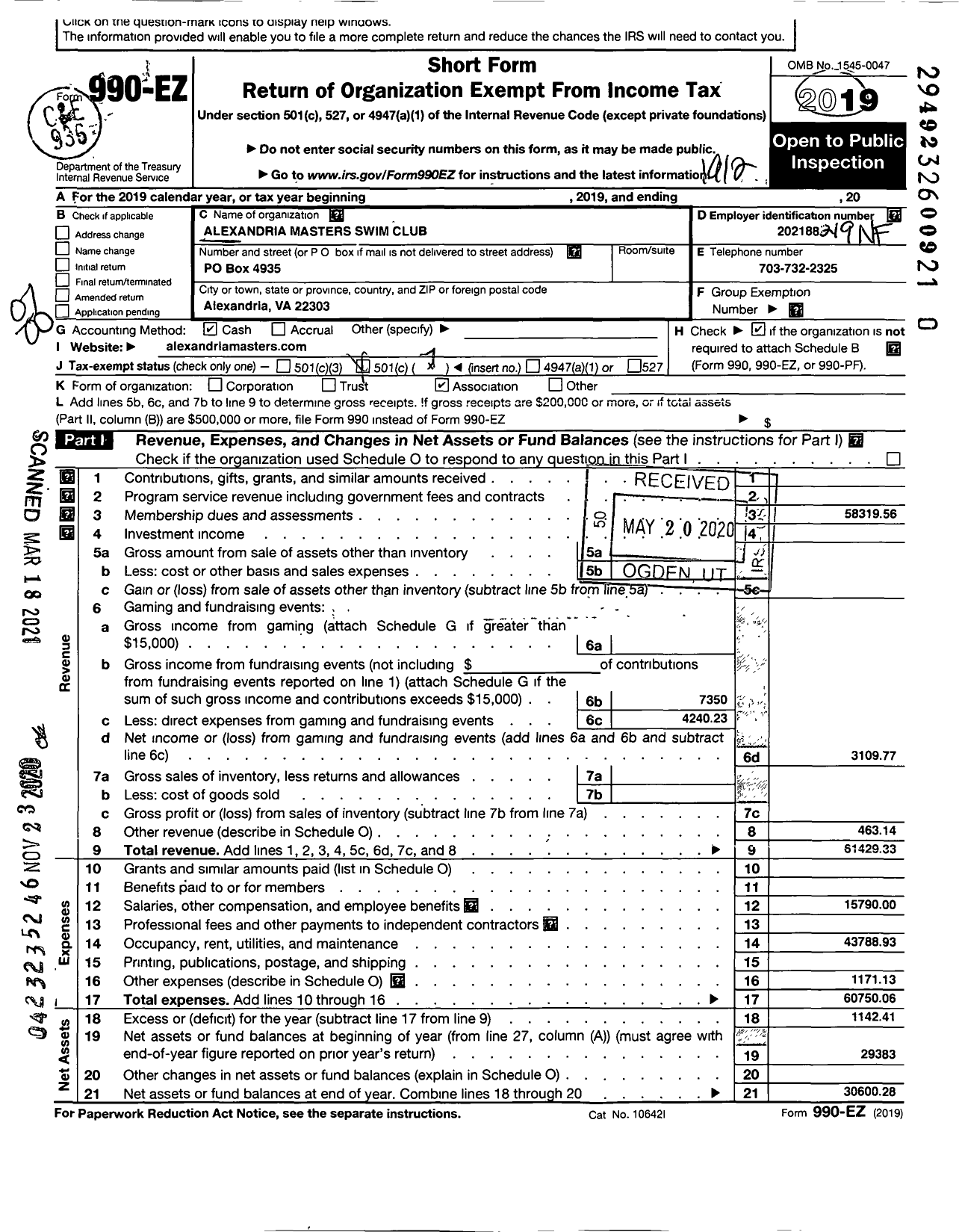 Image of first page of 2019 Form 990EO for Alexandria Masters Swimming