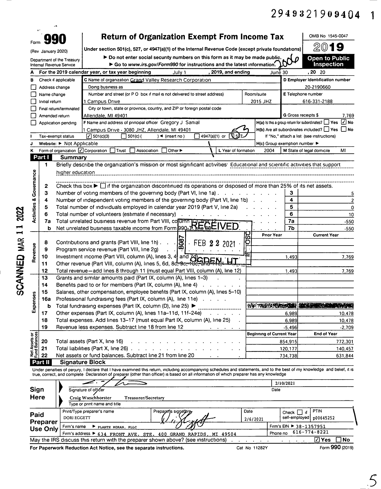 Image of first page of 2019 Form 990 for Grand Valley Research Corporation