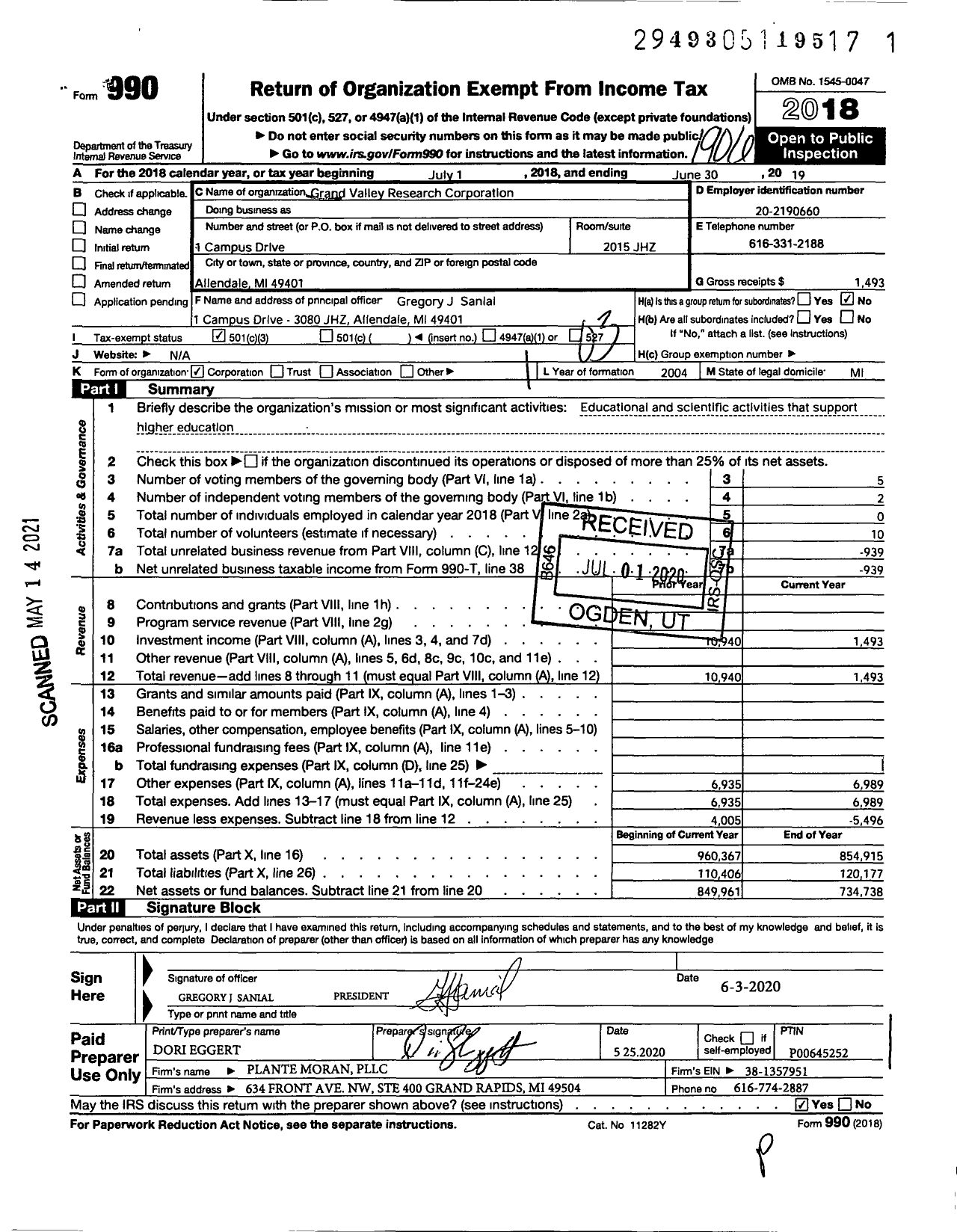 Image of first page of 2018 Form 990 for Grand Valley Research Corporation