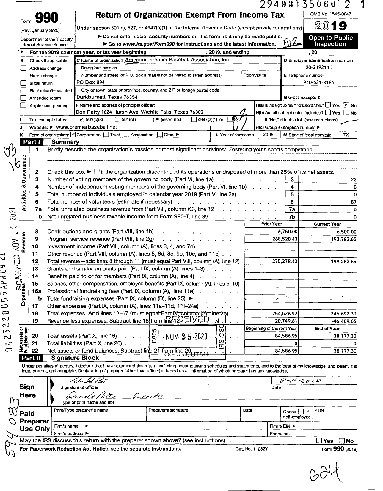 Image of first page of 2019 Form 990 for American Premier Baseball Association