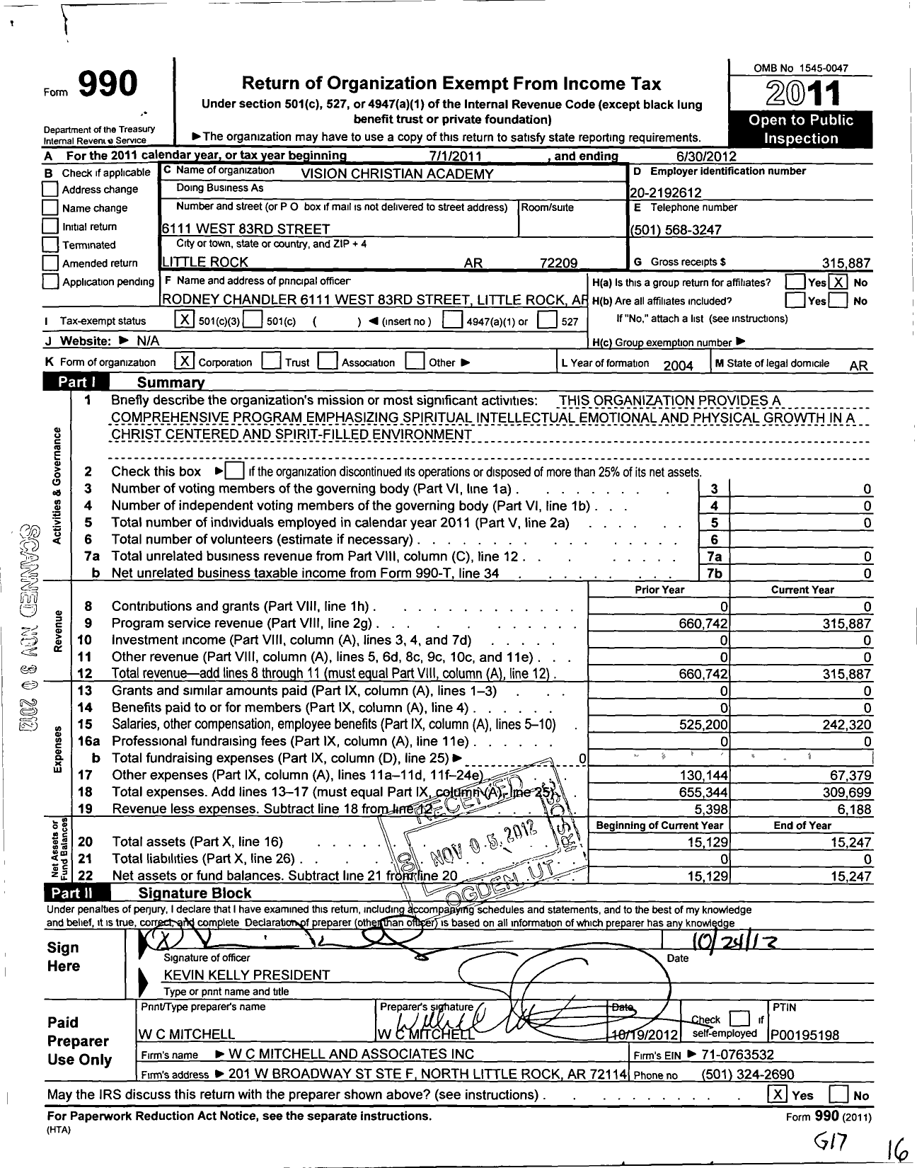 Image of first page of 2011 Form 990 for Vision Christian Academy