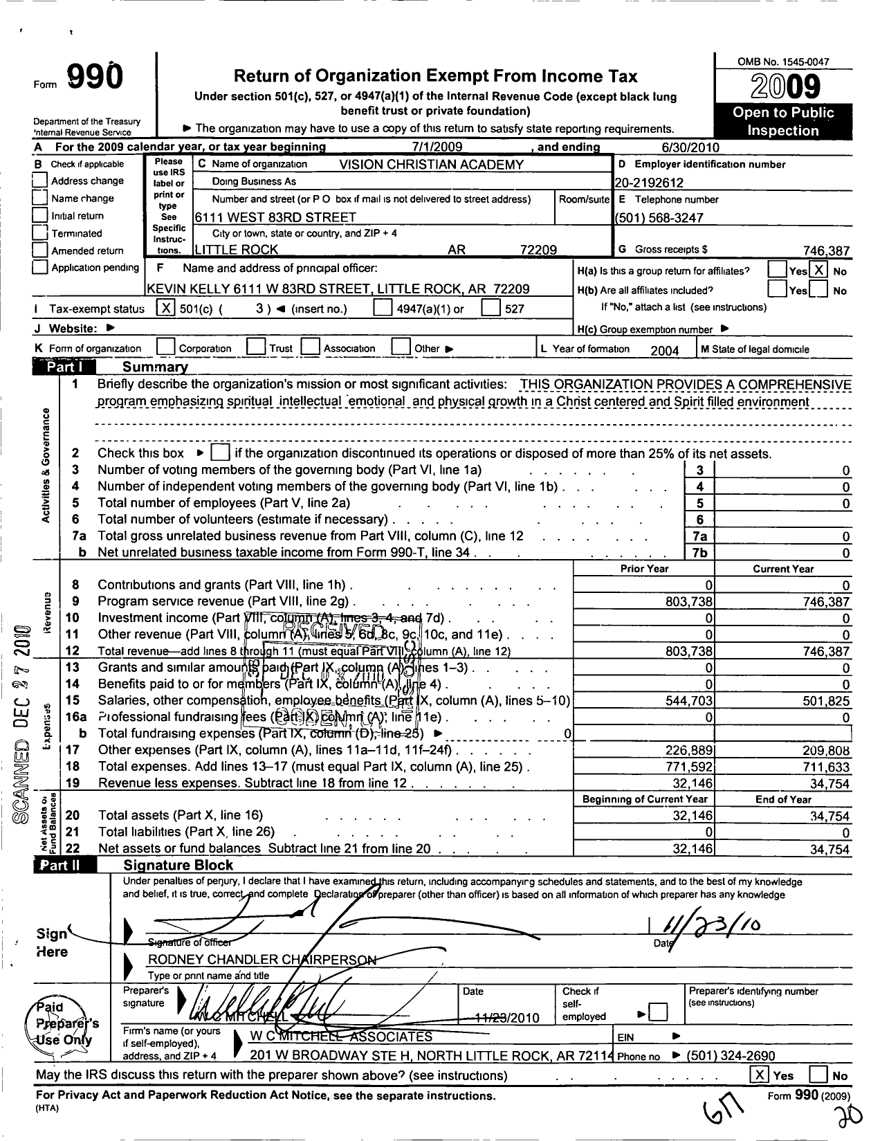 Image of first page of 2009 Form 990 for Vision Christian Academy