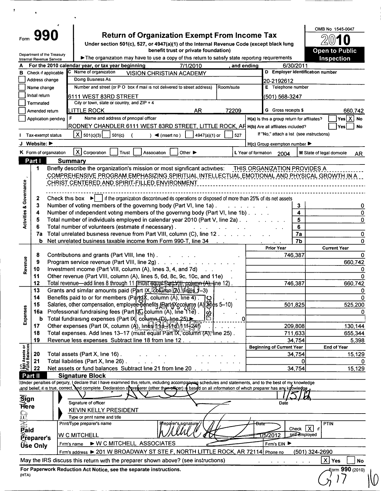 Image of first page of 2010 Form 990 for Vision Christian Academy