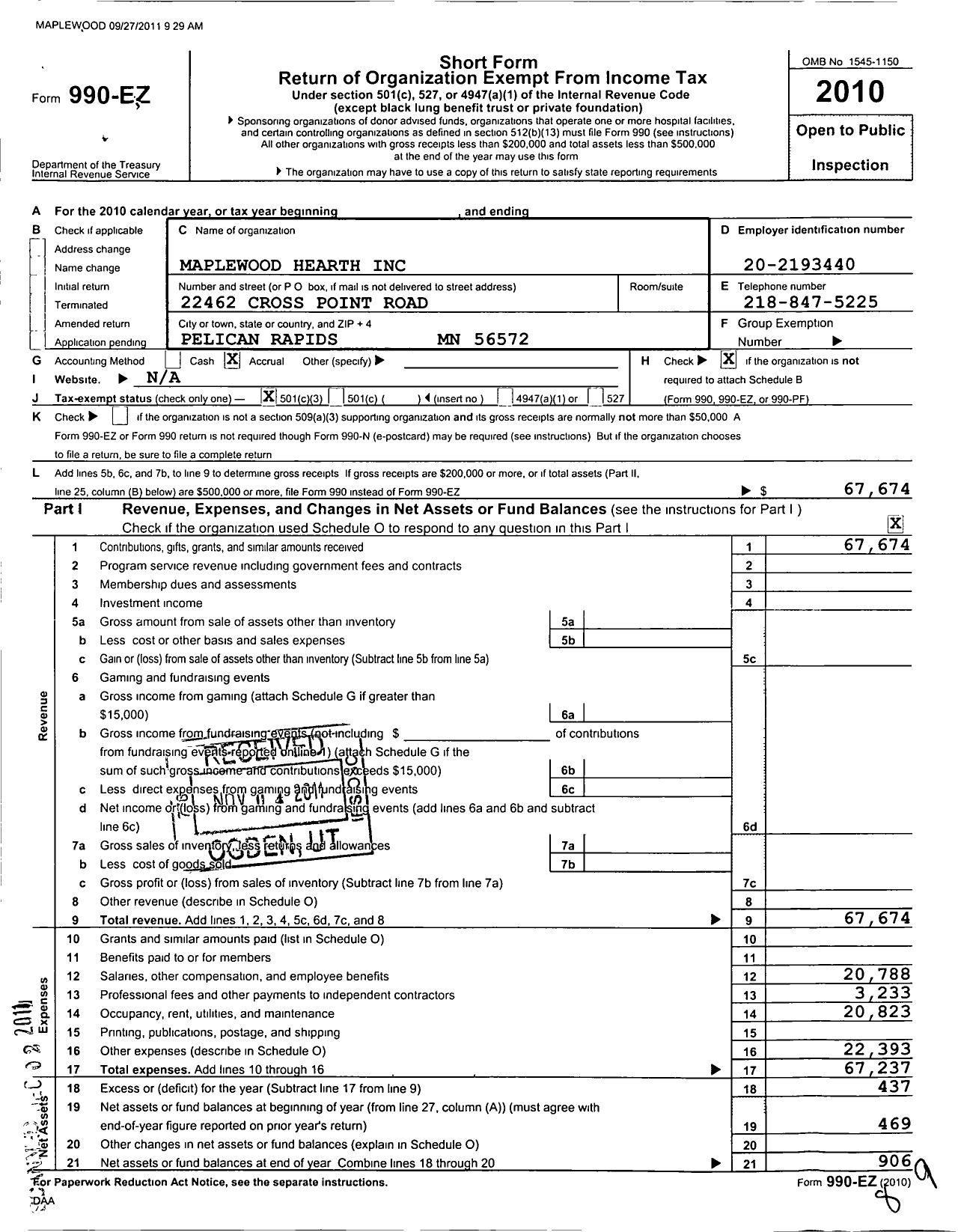 Image of first page of 2010 Form 990EZ for Maplewood Hearth