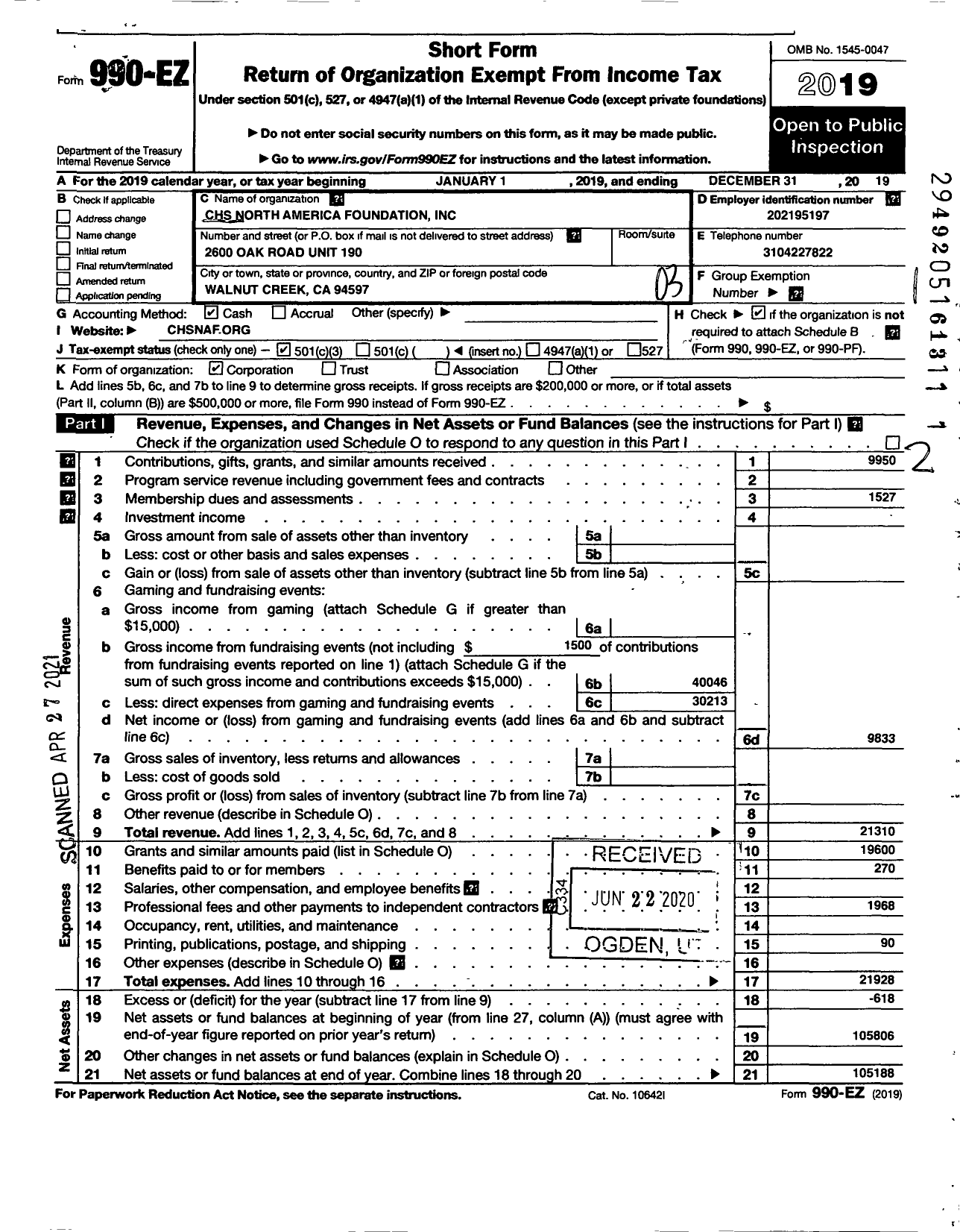 Image of first page of 2019 Form 990EZ for CHS North America Foundation