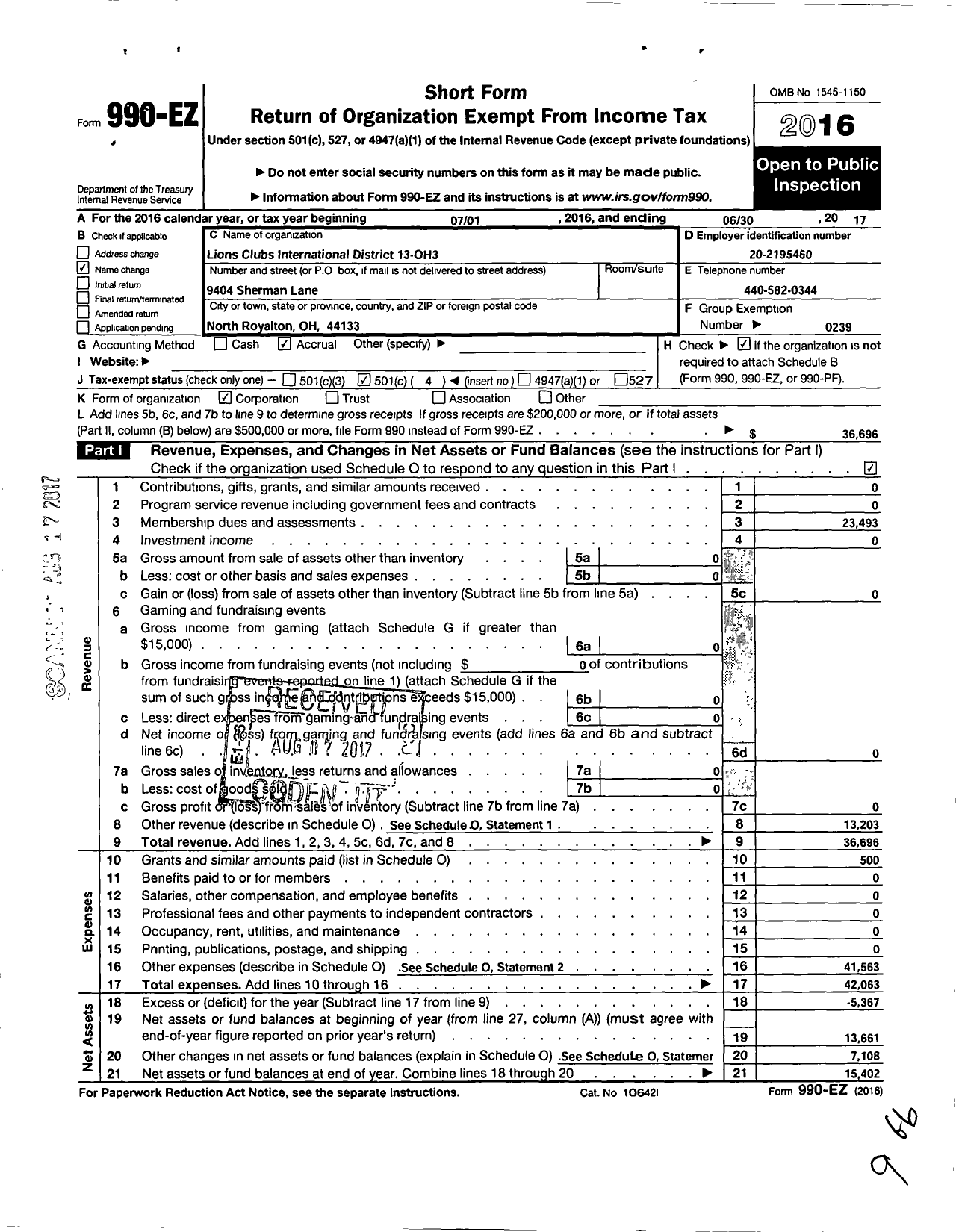 Image of first page of 2016 Form 990EO for Lions Clubs - 65644 13 C District