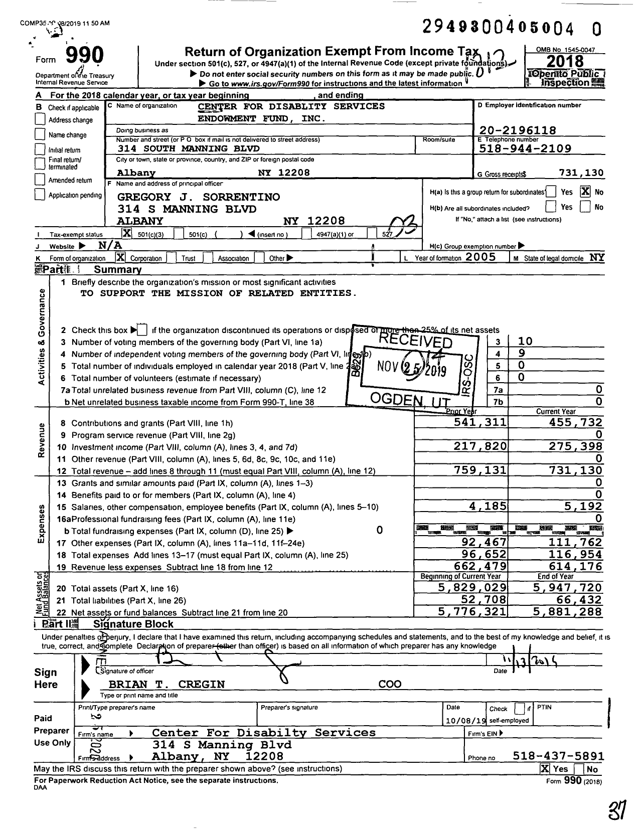 Image of first page of 2018 Form 990 for Center for Disablity Services Endowment Fund