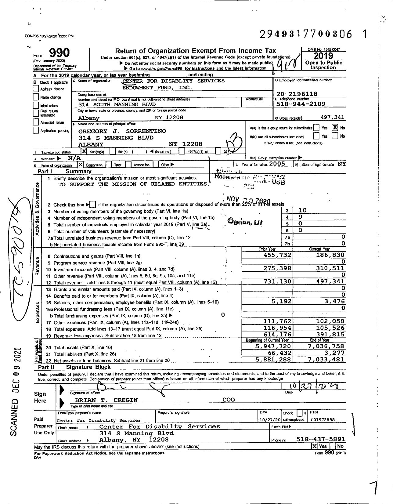 Image of first page of 2019 Form 990 for Center for Disablity Services Endowment Fund