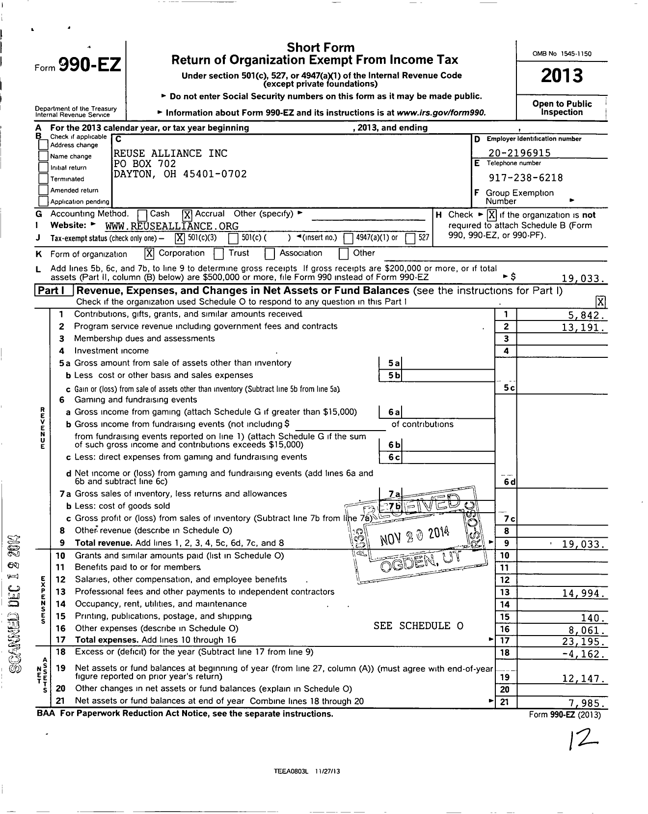 Image of first page of 2013 Form 990EZ for Reuse Alliance