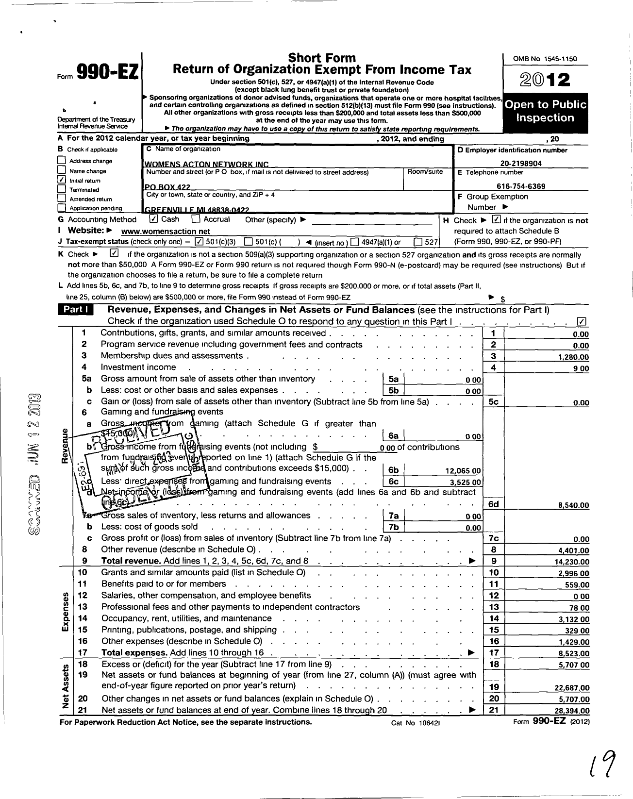 Image of first page of 2012 Form 990EZ for Womens Action Network