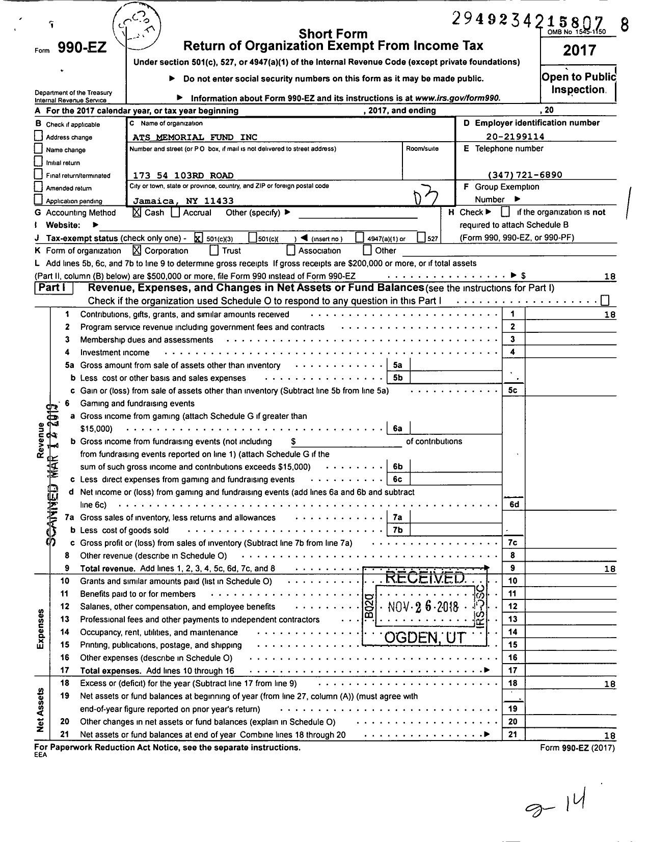 Image of first page of 2017 Form 990EZ for Ats Memorial Fund