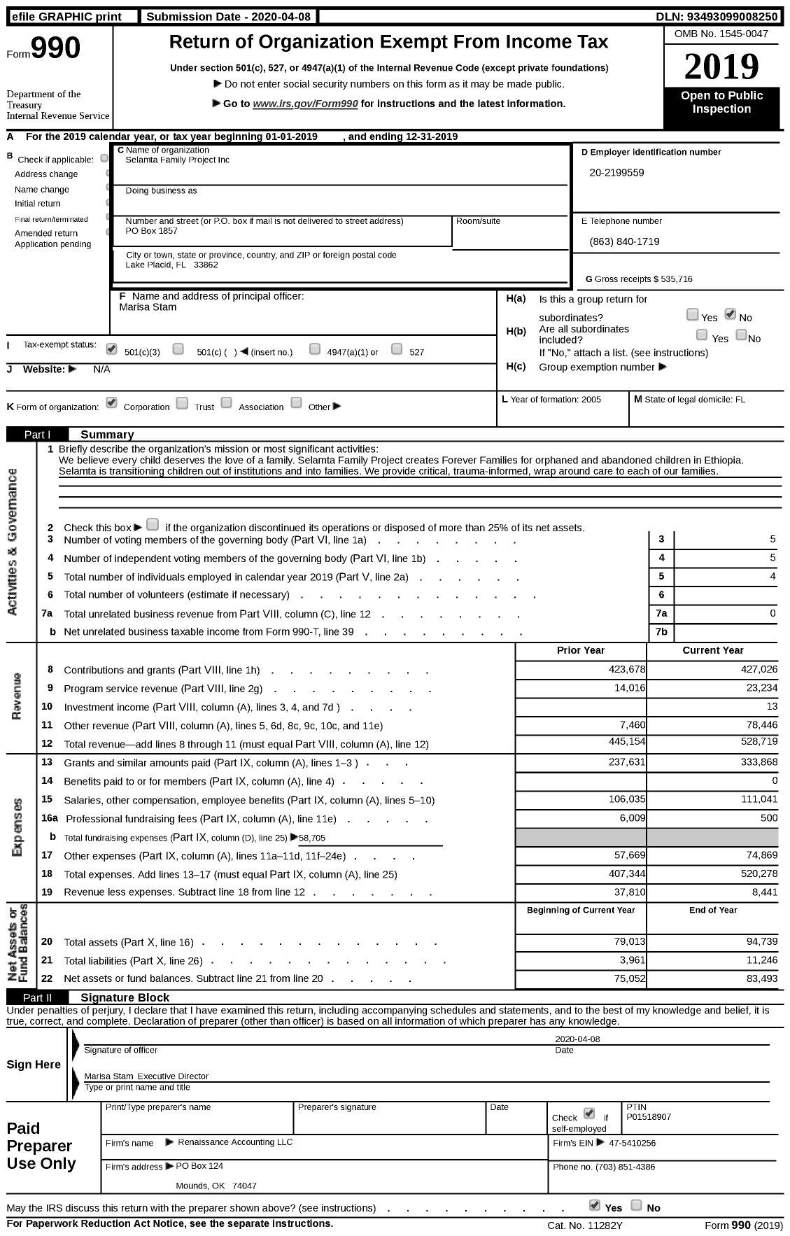 Image of first page of 2019 Form 990 for Selamta Family Project