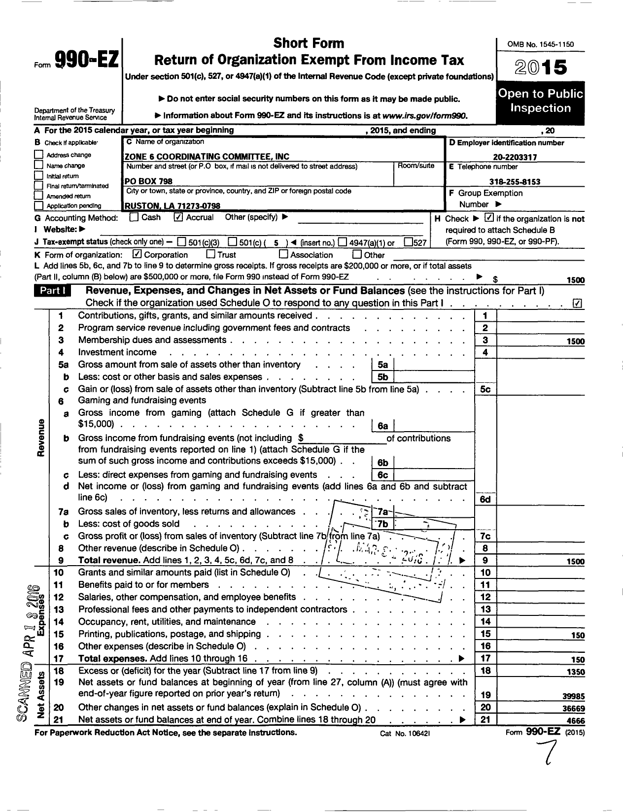 Image of first page of 2015 Form 990EO for Zone 6 Coordinating Committee