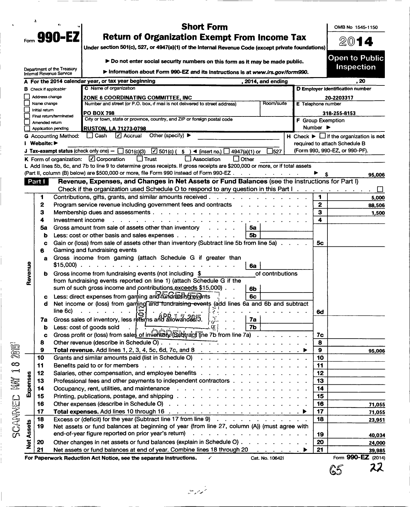 Image of first page of 2014 Form 990EO for Zone 6 Coordinating Committee