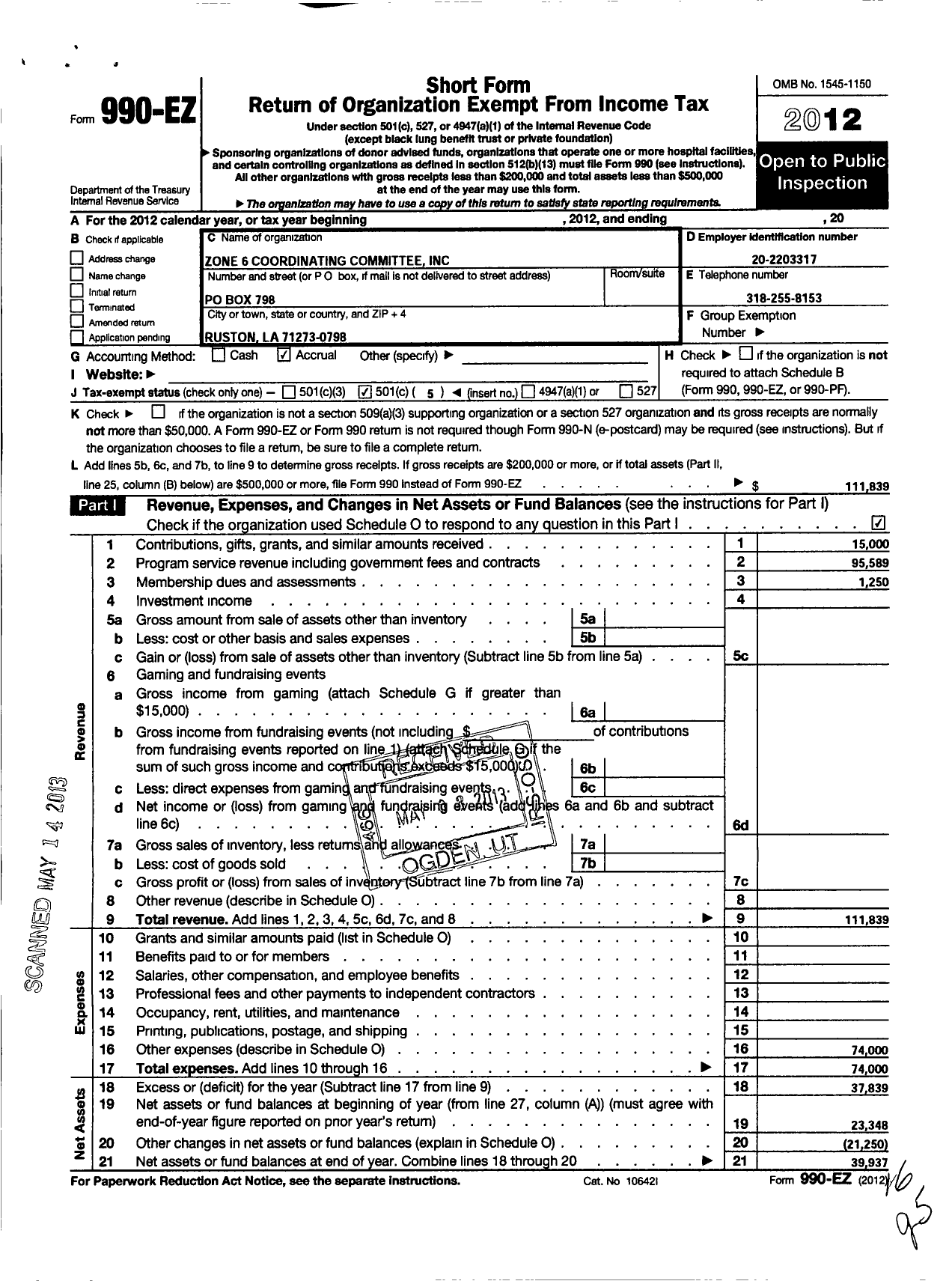 Image of first page of 2012 Form 990EO for Zone 6 Coordinating Committee