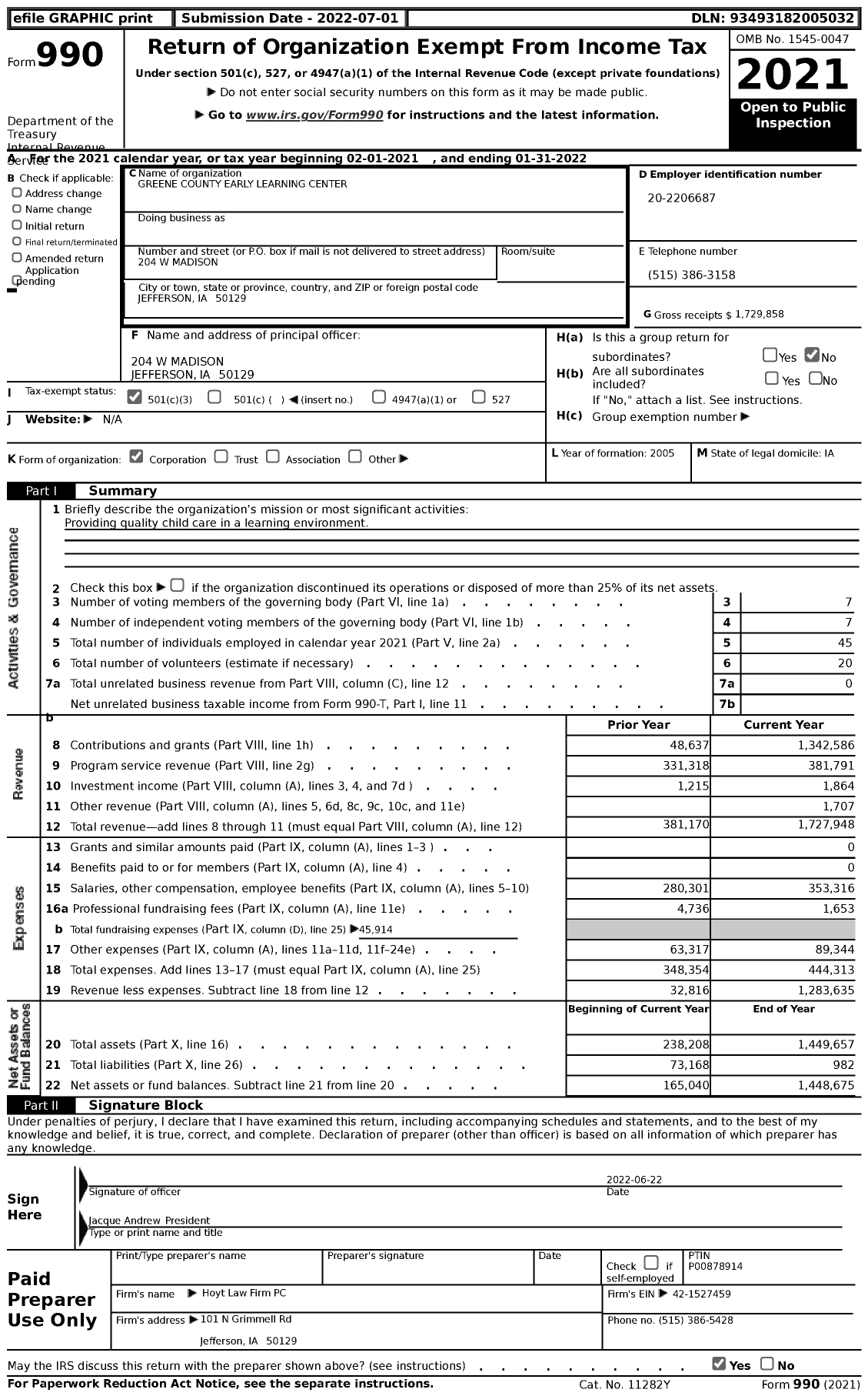 Image of first page of 2021 Form 990 for Greene County Early Learning Center