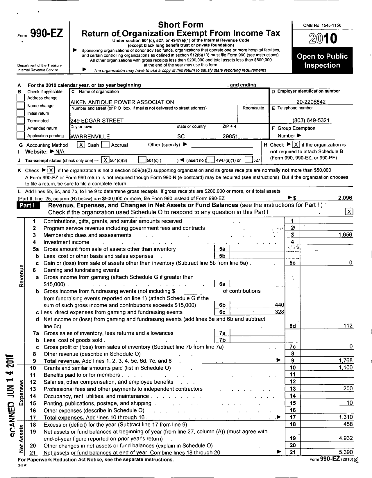 Image of first page of 2010 Form 990EZ for Aiken Antique Power Association