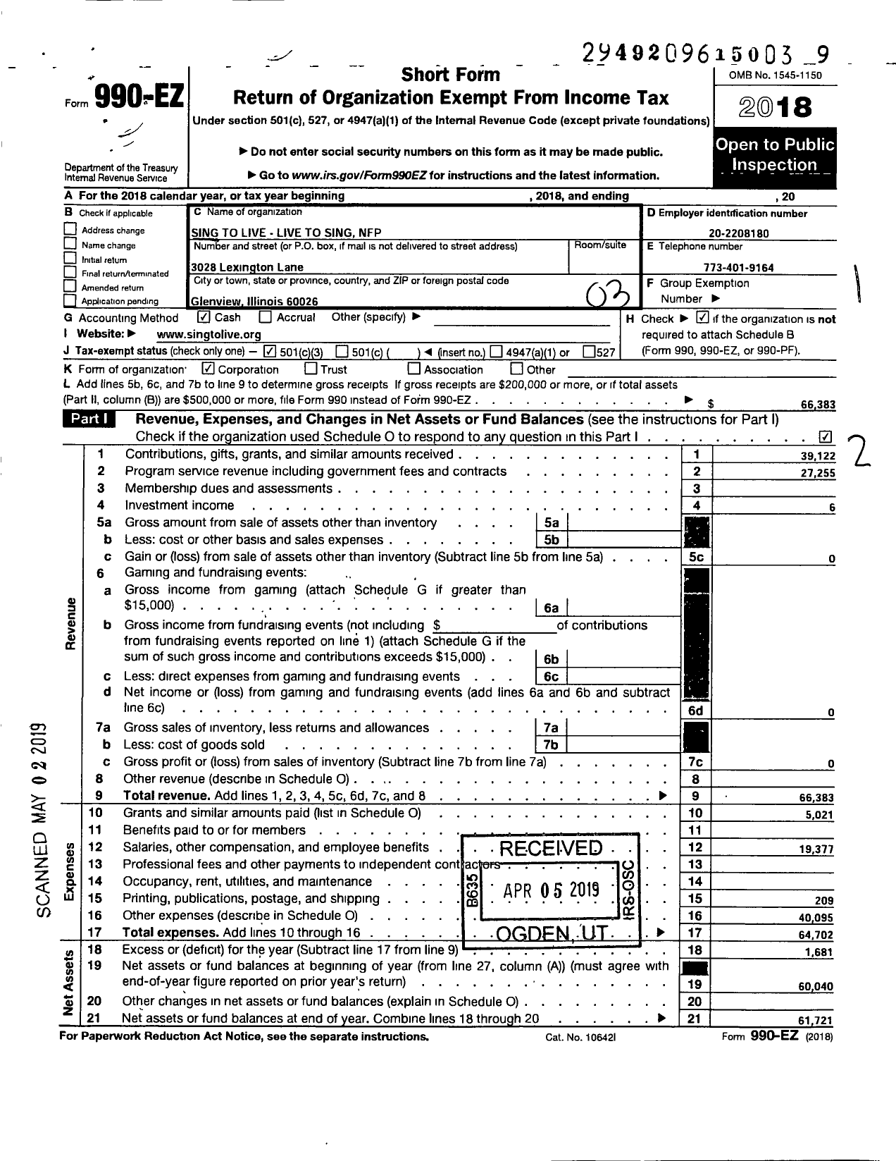 Image of first page of 2018 Form 990EZ for Sing To Live Live To Sing NFP