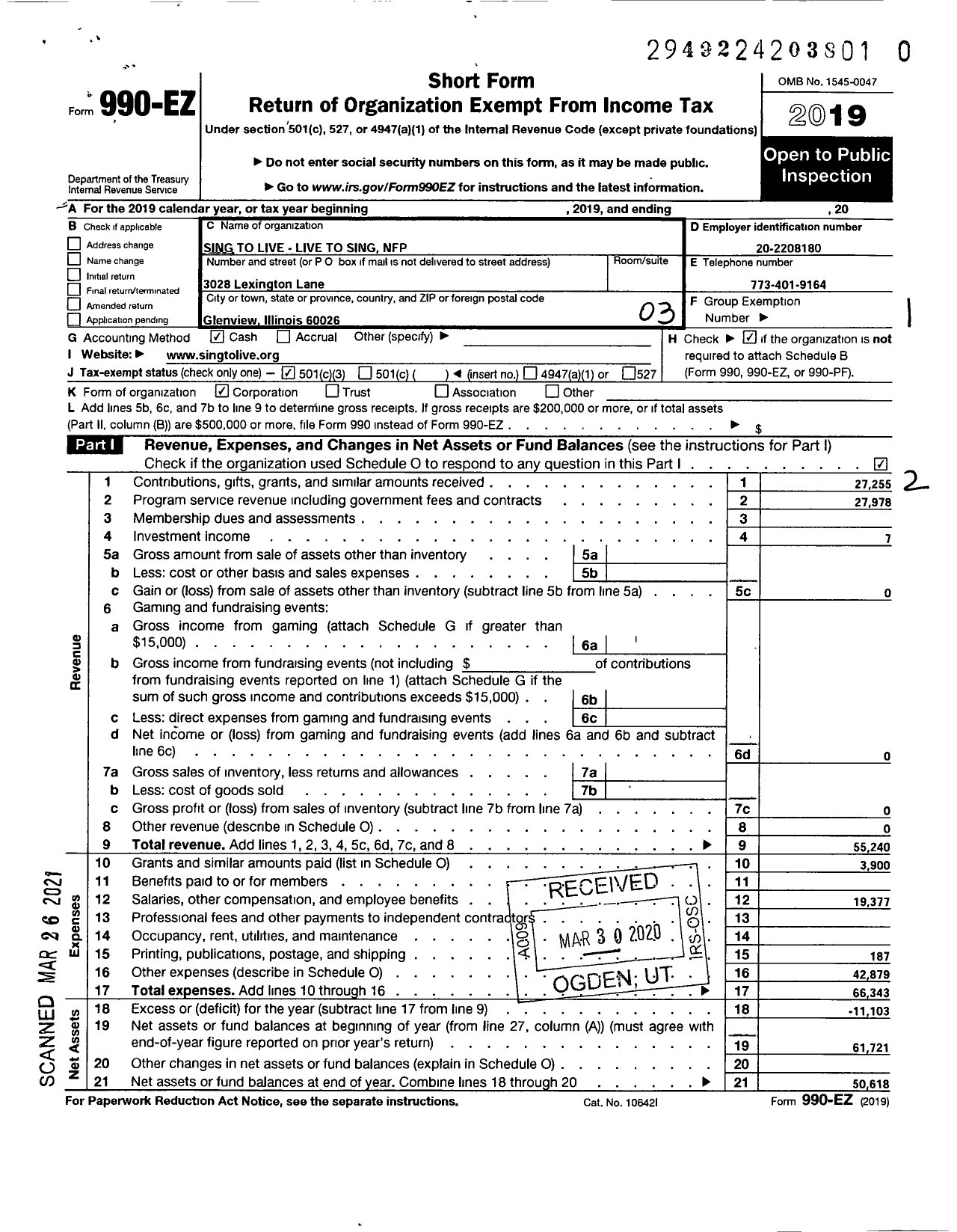 Image of first page of 2019 Form 990EZ for Sing To Live Live To Sing NFP