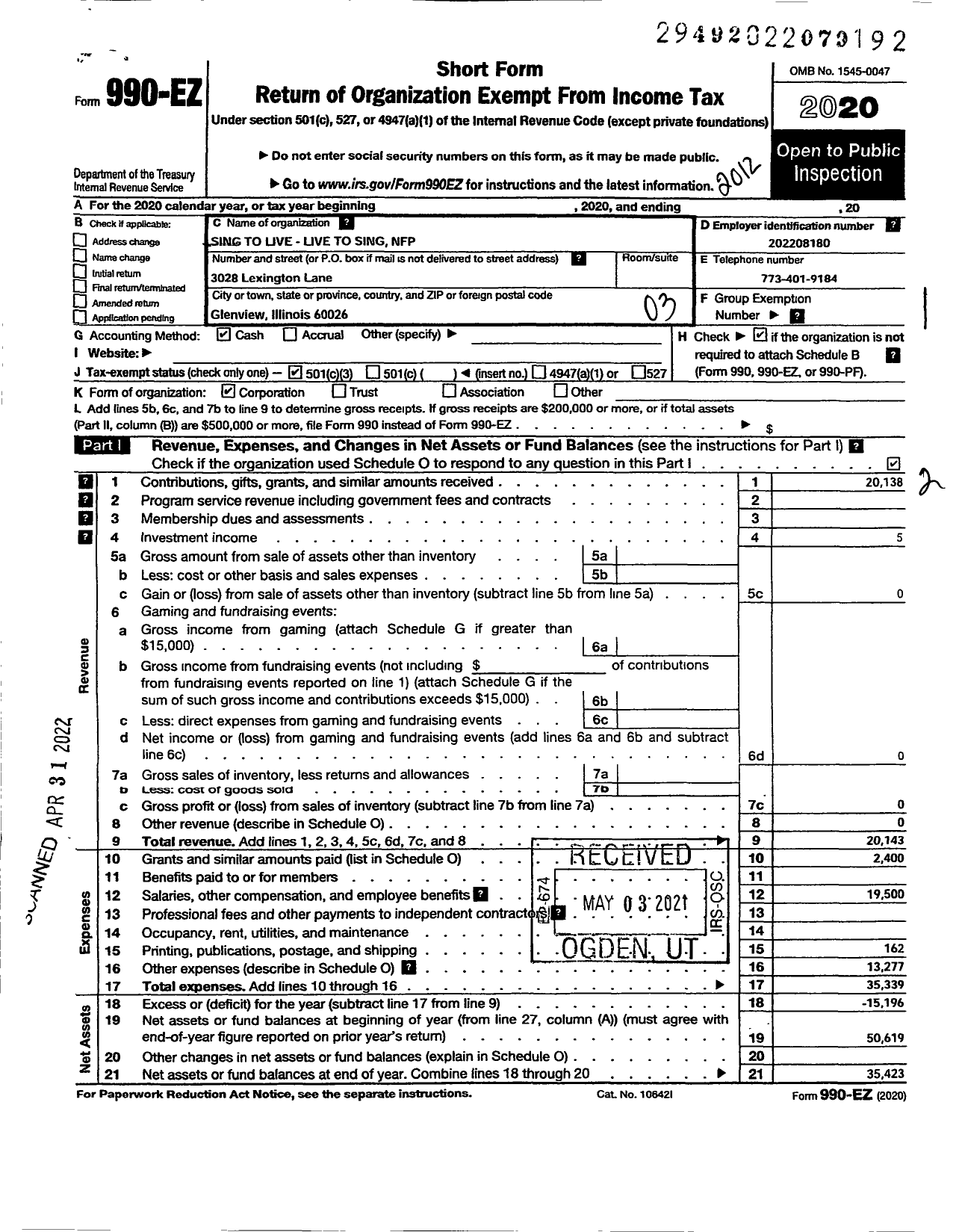 Image of first page of 2020 Form 990EZ for Sing To Live Live To Sing NFP