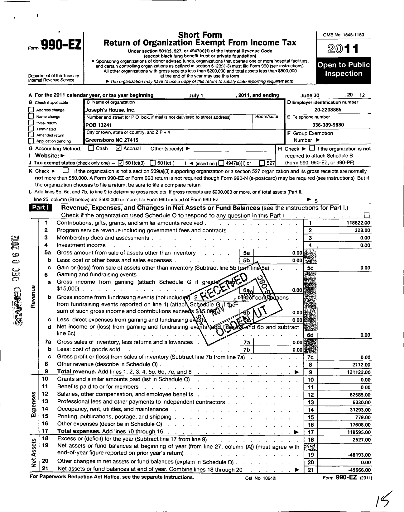 Image of first page of 2011 Form 990EZ for Josephs House Incorporated