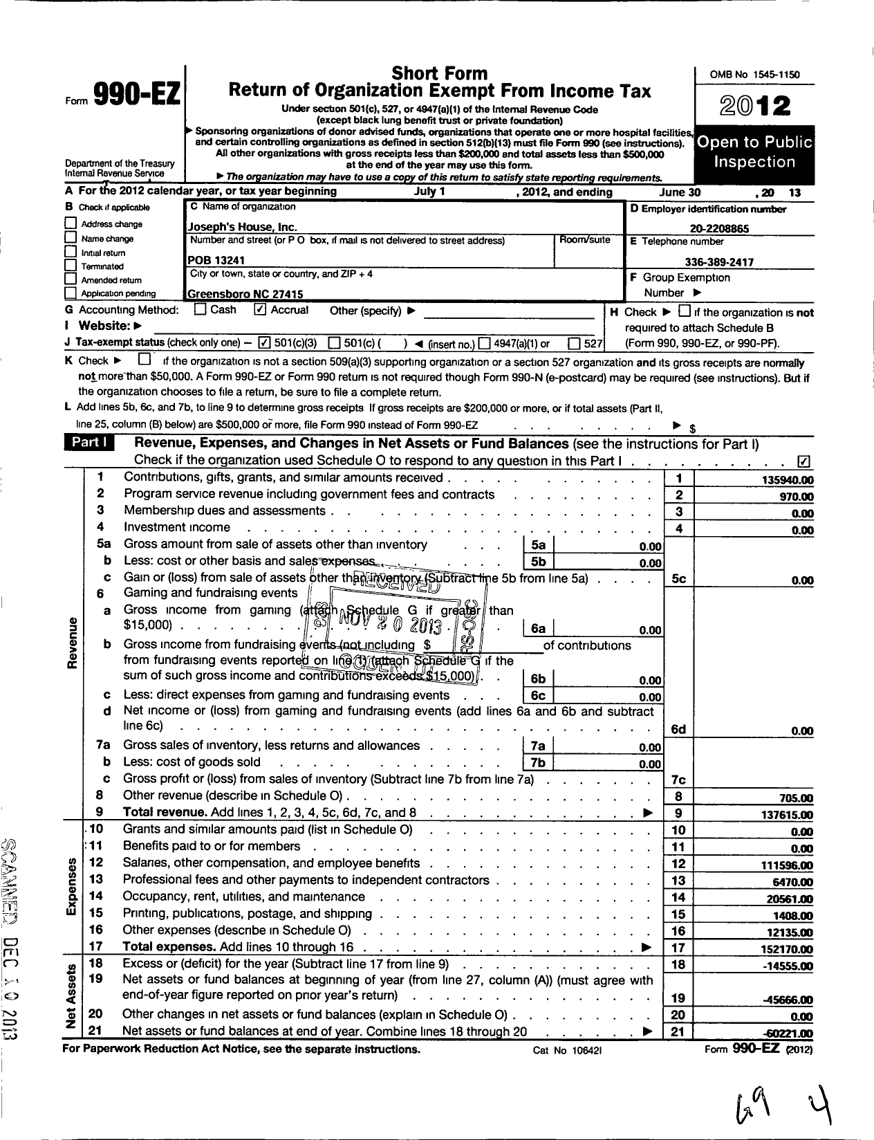 Image of first page of 2012 Form 990EZ for Josephs House Incorporated