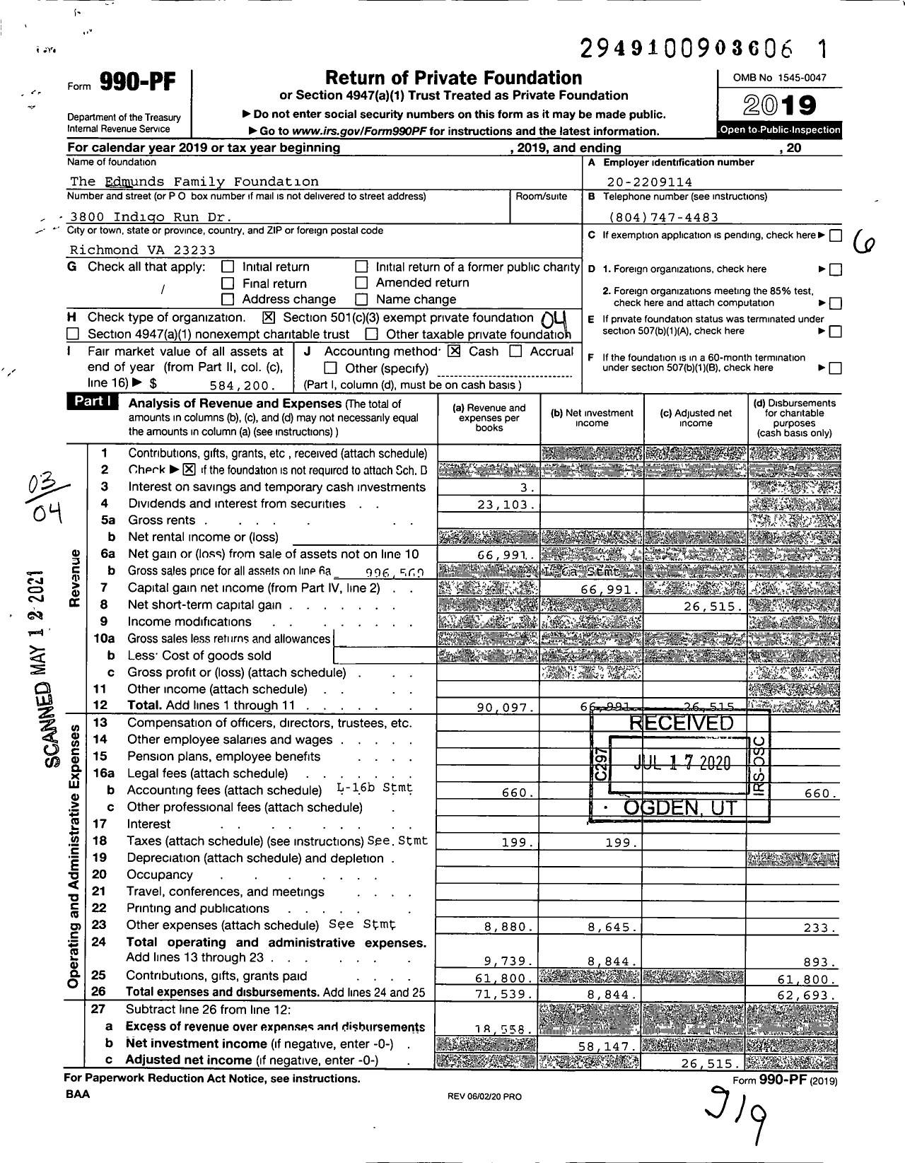 Image of first page of 2019 Form 990PF for The Edmunds Family Foundation