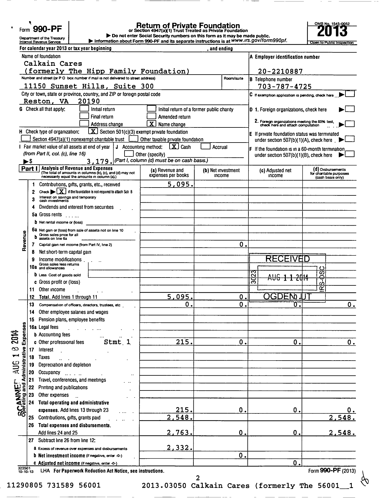 Image of first page of 2013 Form 990PF for Calkain Cares