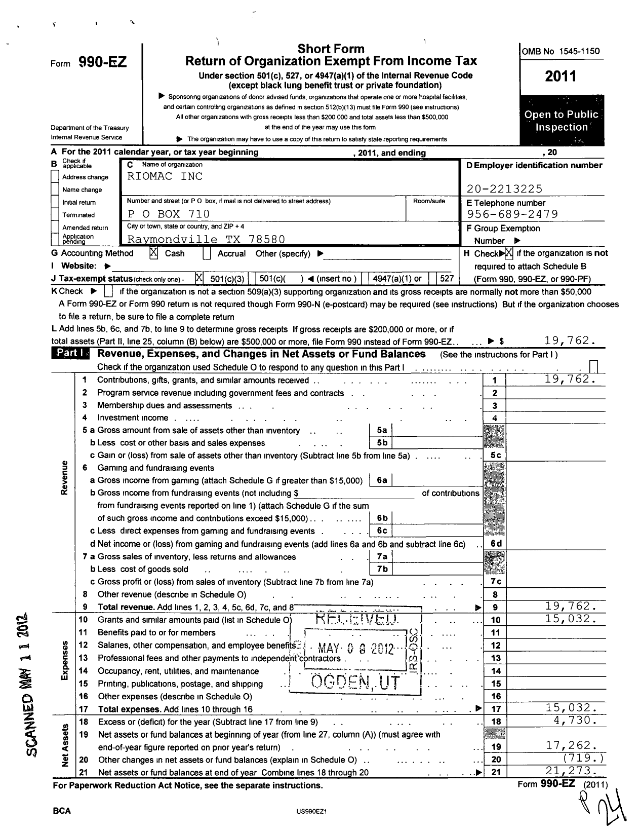 Image of first page of 2011 Form 990EZ for RioMac