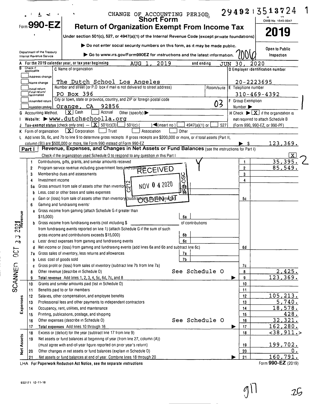 Image of first page of 2019 Form 990EZ for The Dutch School Los Angeles