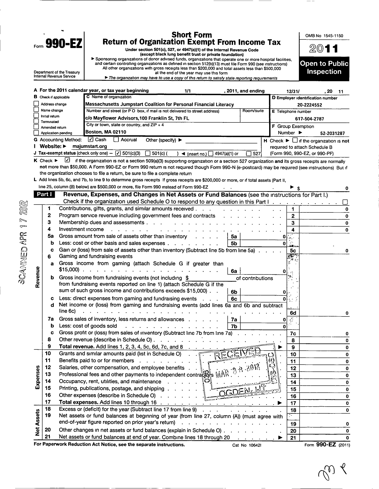 Image of first page of 2011 Form 990EZ for Jumpstart Coalition for Personal Financial Literacy / Massachusetts Jumpstart Coalition