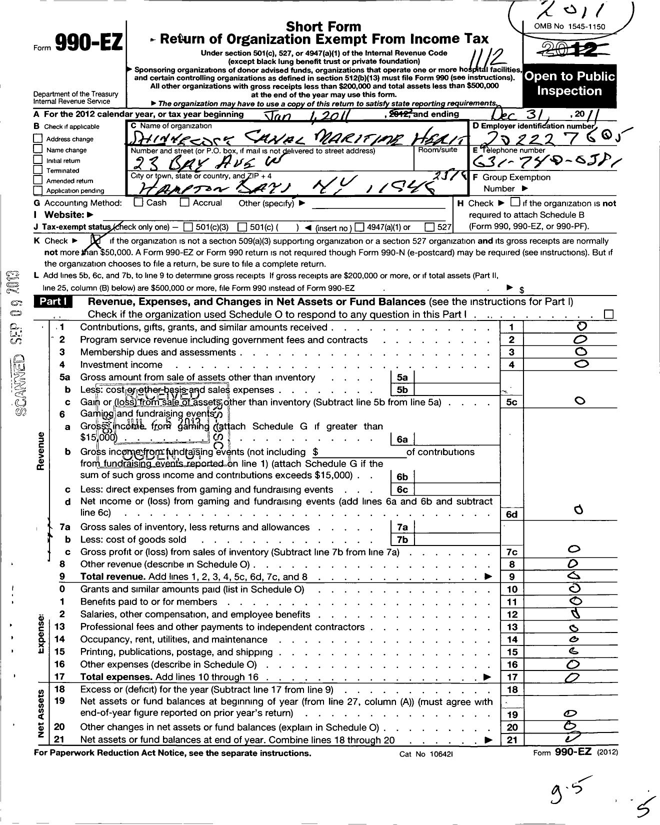 Image of first page of 2011 Form 990EO for Shinnecock Canal Maritime Heritage Center