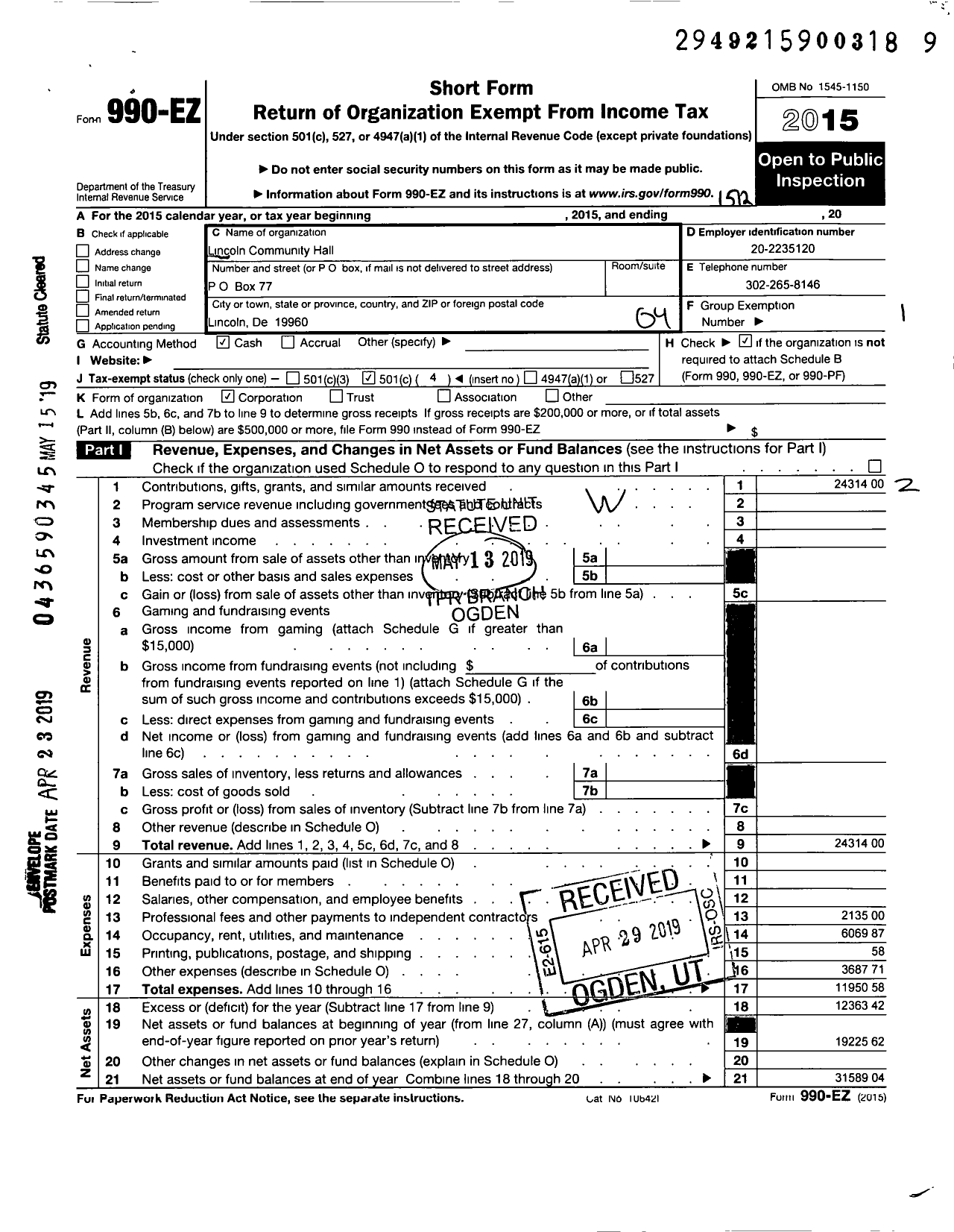 Image of first page of 2015 Form 990EO for Lincoln Community Hall