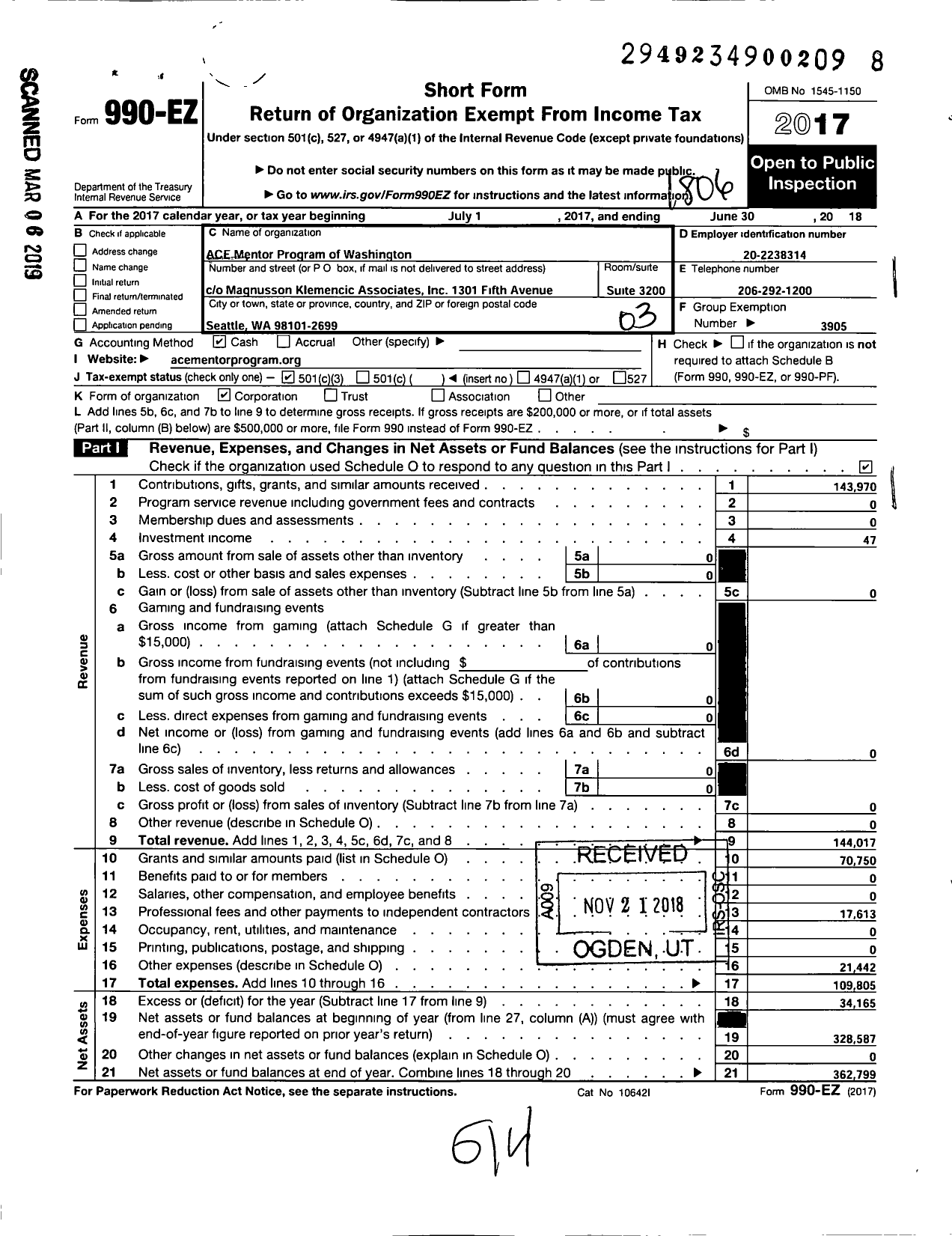 Image of first page of 2017 Form 990EZ for Ace Mentor Program of Washington