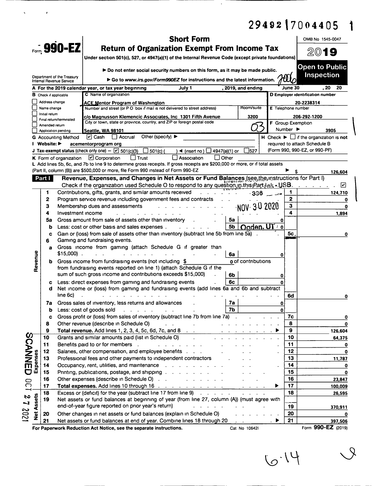 Image of first page of 2019 Form 990EZ for Ace Mentor Program of Washington