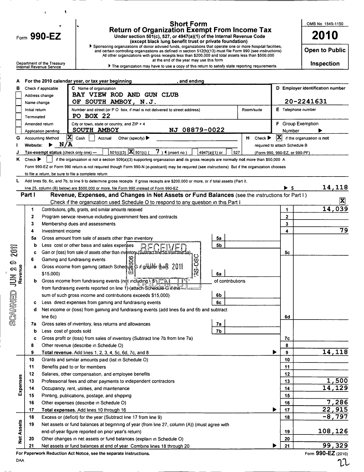 Image of first page of 2010 Form 990EO for Bay-View Rod and Gun Club of South Amboy New Jersey