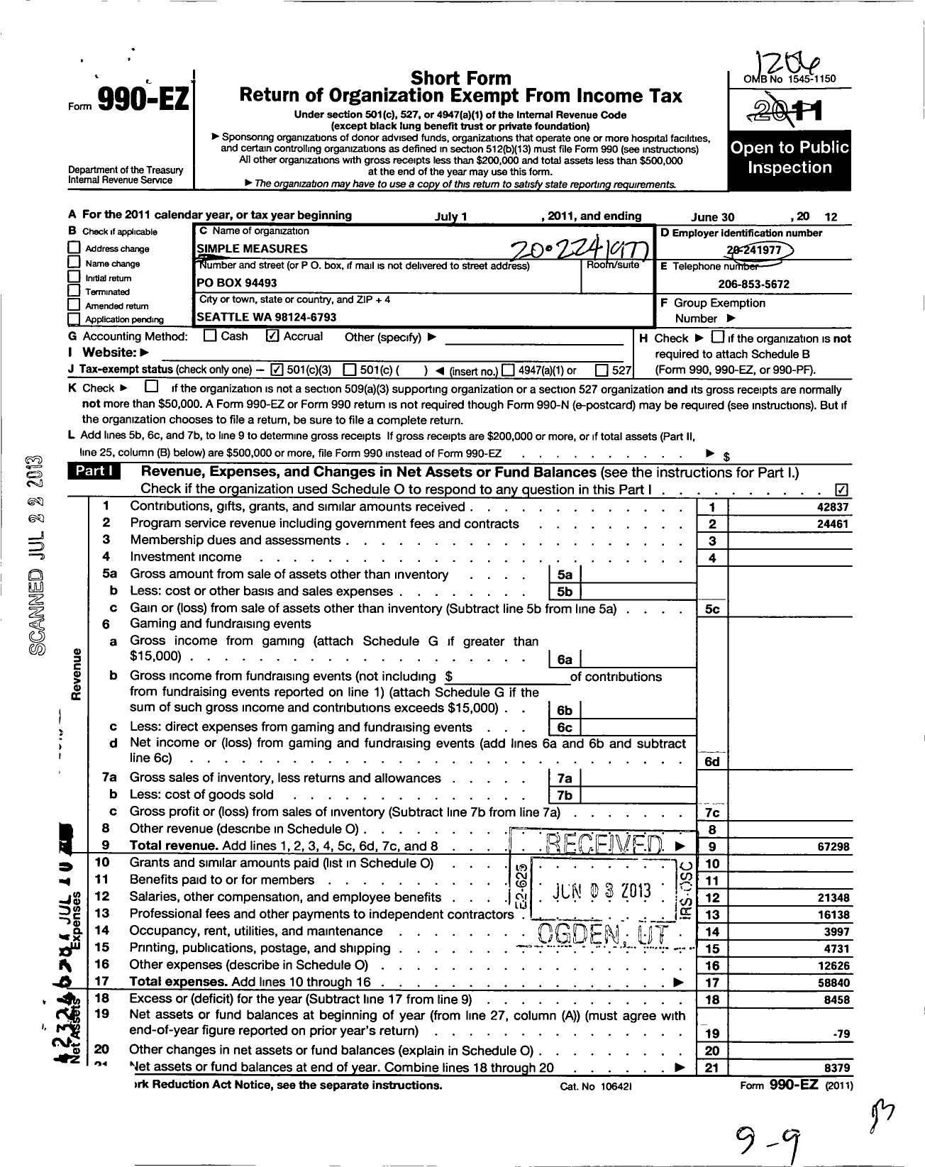 Image of first page of 2011 Form 990EZ for Simple Measures