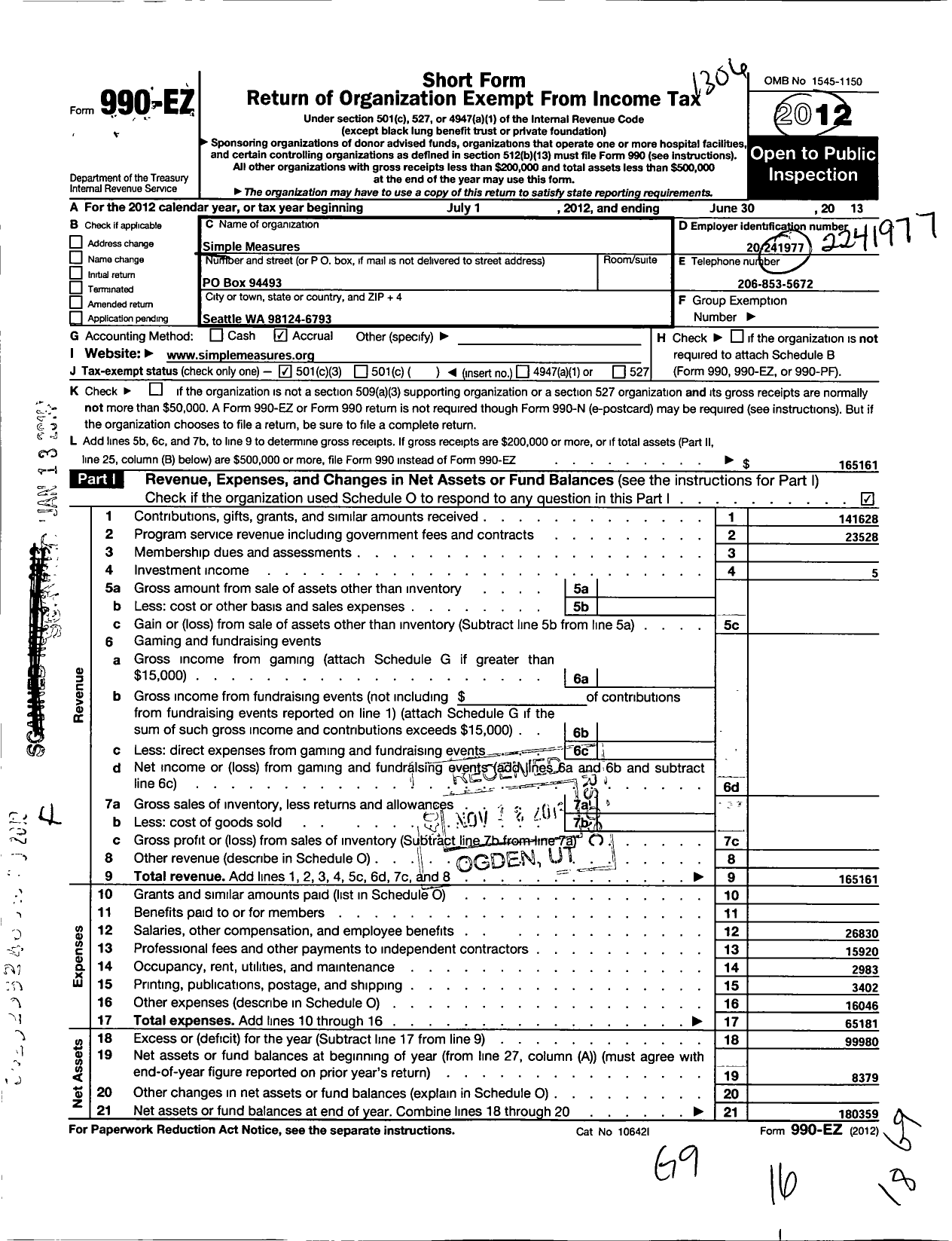 Image of first page of 2012 Form 990EZ for Simple Measures