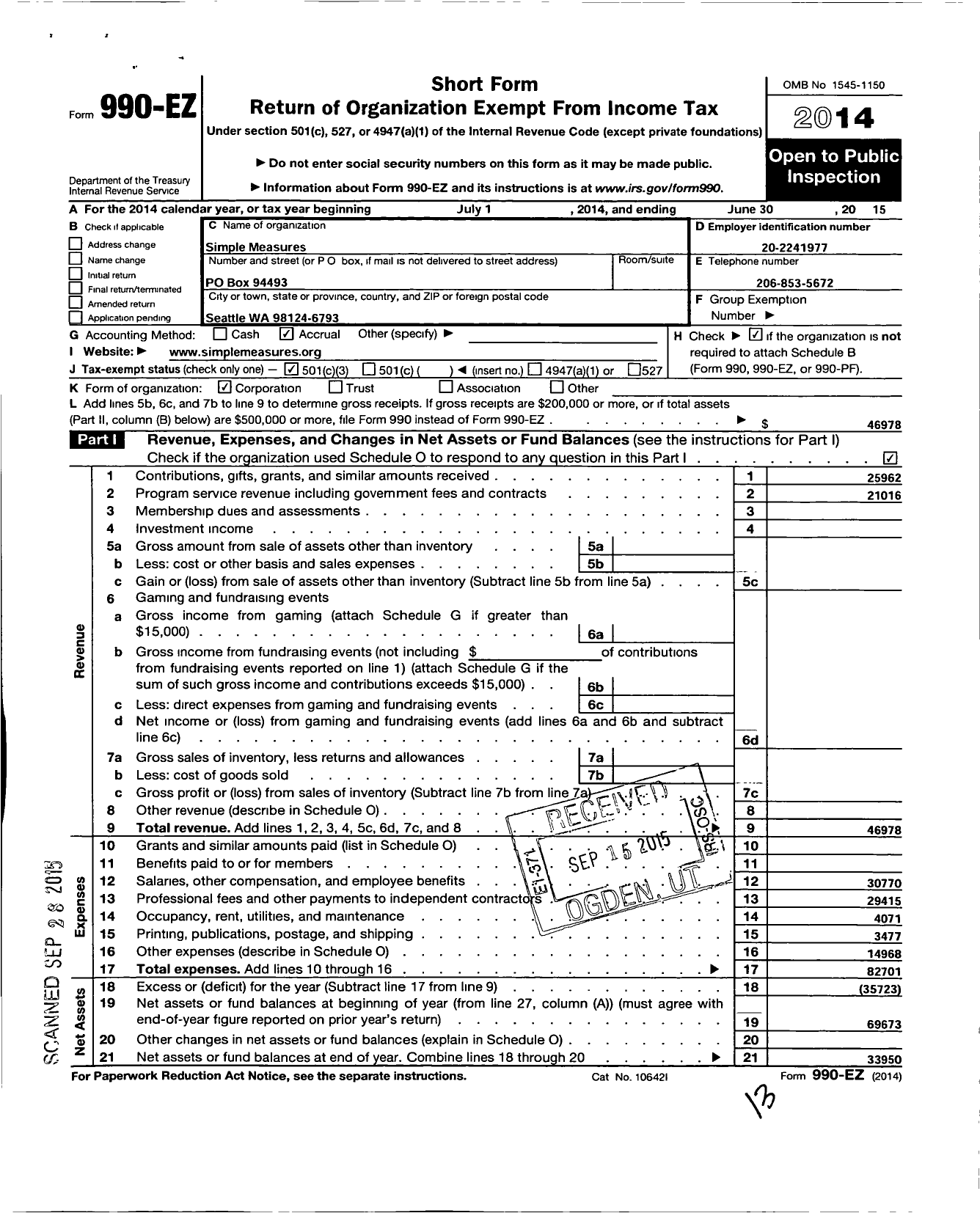 Image of first page of 2014 Form 990EZ for Simple Measures