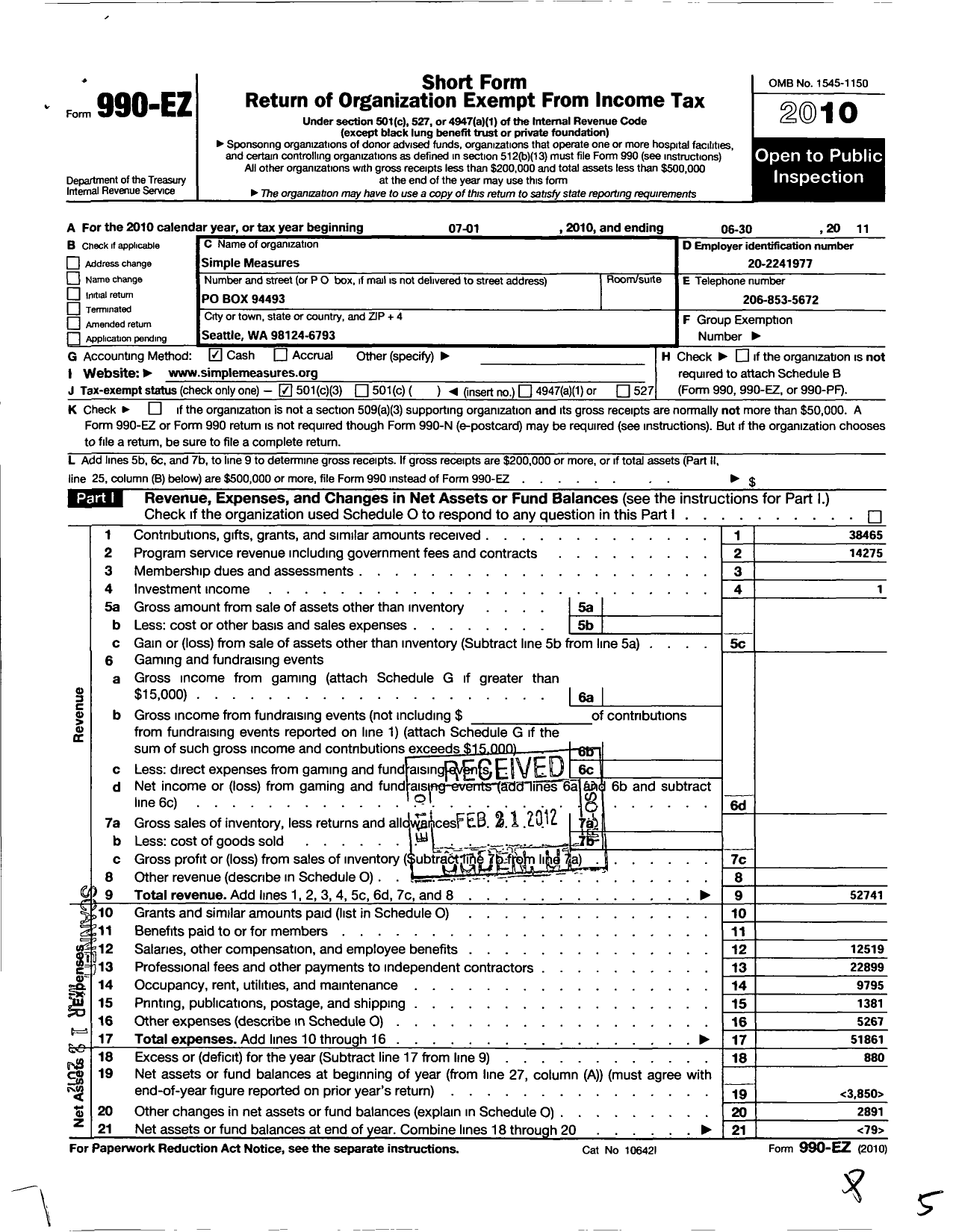 Image of first page of 2010 Form 990EZ for Simple Measures