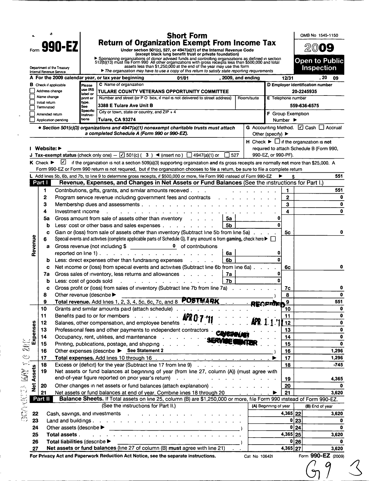 Image of first page of 2009 Form 990EZ for Tulare County Veterans Opportunity Committee