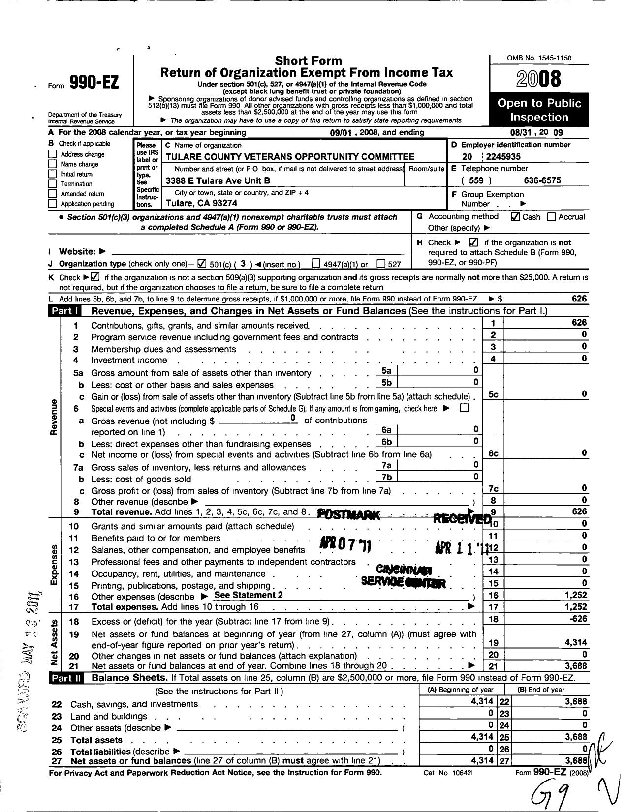 Image of first page of 2008 Form 990EZ for Tulare County Veterans Opportunity Committee